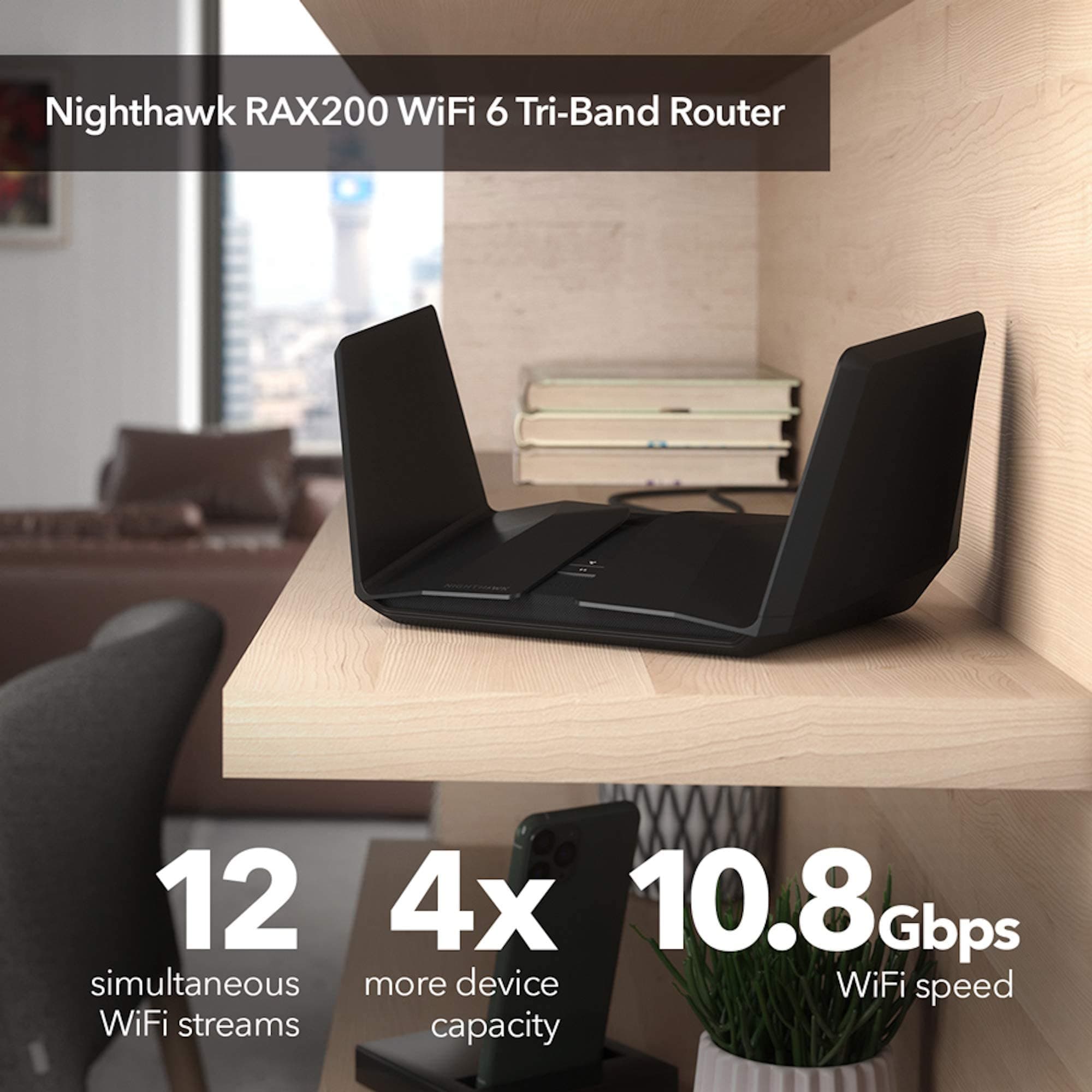 NETGEAR Nighthawk WiFi 6 Router (RAX200) 12-Stream Gigabit Router AX11000 Tri-Band Wireless Speed (Up to 10.8 Gbps) Coverage Up to 2500 sq.ft. and 50 Devices, view 2