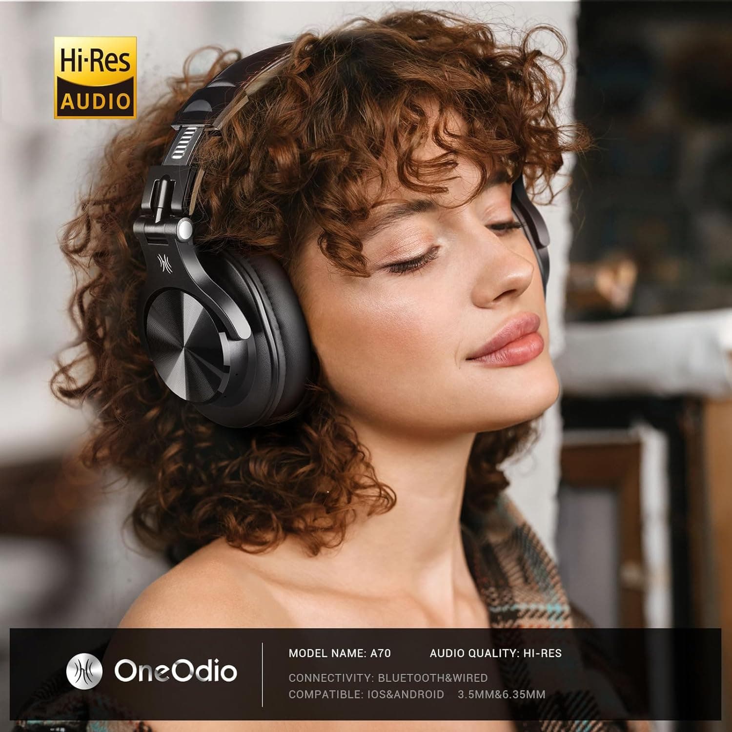 OneOdio A70 Bluetooth Over-Ear Headphones, Hi-Res Wired DJ Studio - Black, view 2
