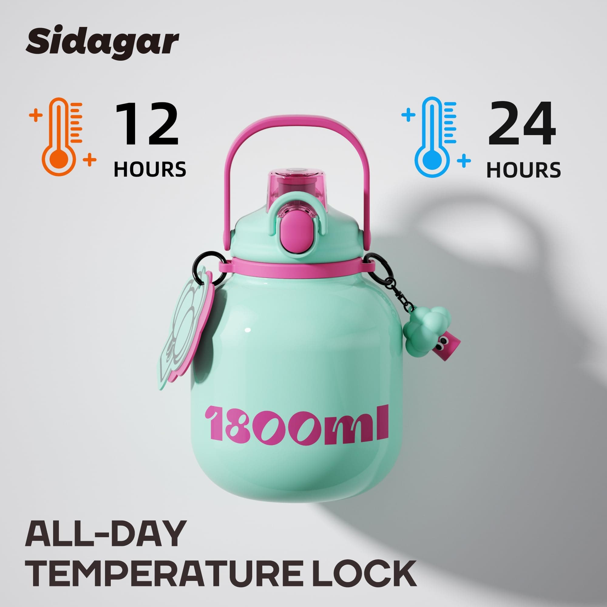 Sidagar 60 oz Half Gallon Insulated Water Bottle with Straw, Green, view 5