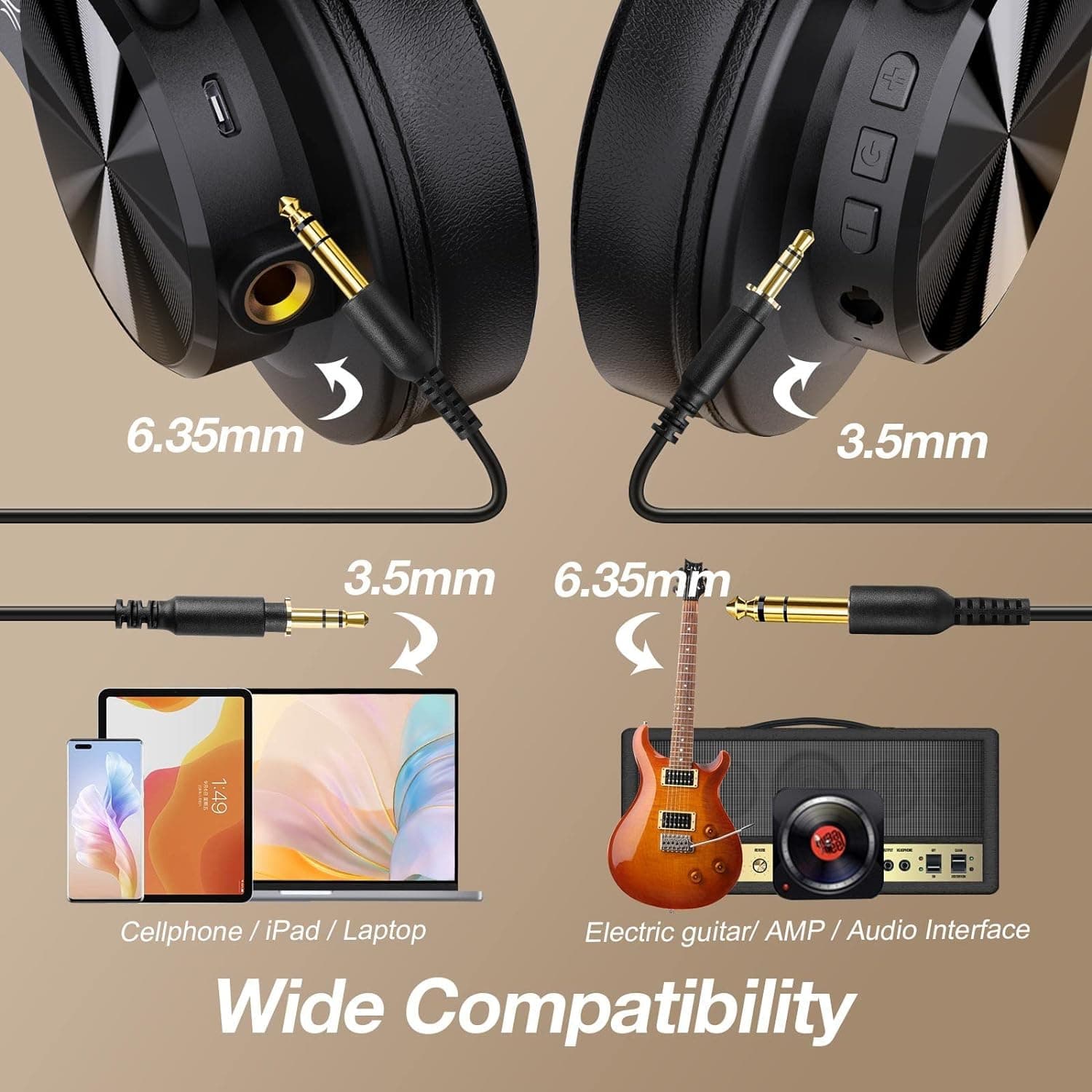 OneOdio A70 Bluetooth Over-Ear Headphones, Hi-Res Wired DJ Studio - Black, view 4