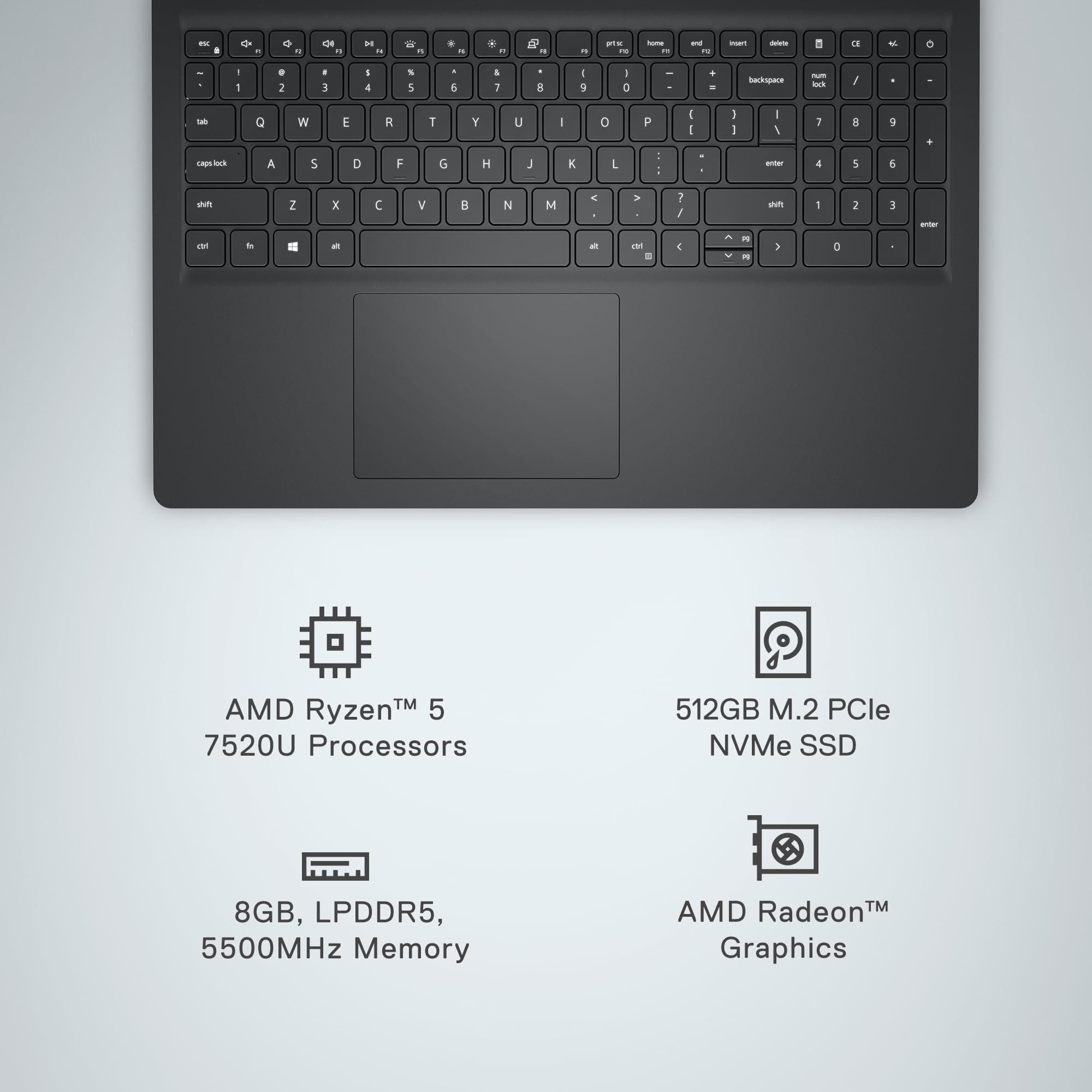 Dell Inspiron 15 3535 Laptop - 15.6-inch FHD (1920 x 1080) Display, AMD Ryzen 5 7520U Processor, 8GB DDR4 RAM, 512GB SSD, AMD Radeon Graphics, Windows 11 Home, 6-Months Migrate - Carbon Black, view 3