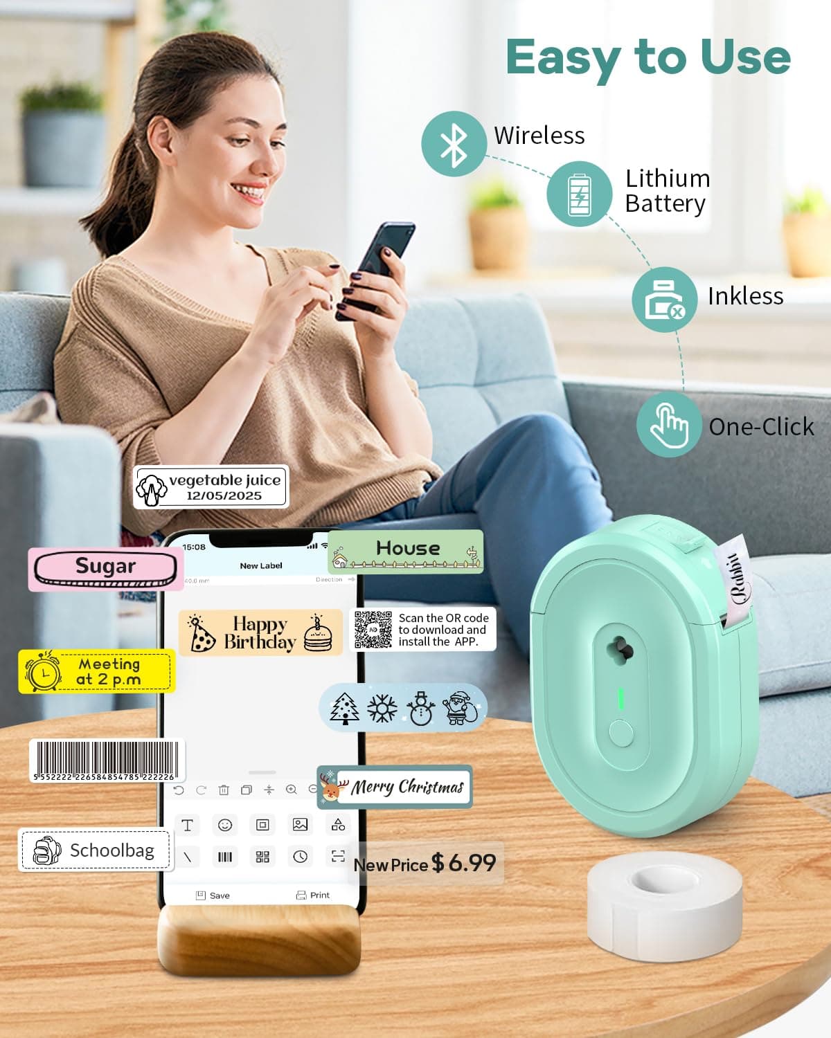 NDYIN N12 Label Maker Machine with 1 Tape Bluetooth Label Printer, Green, view 3