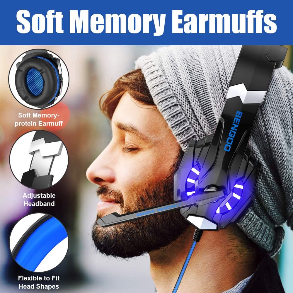 BENGOO G9000 Stereo Gaming Headset for PS4 PC Xbox One PS5 Controller, Noise Cancelling Over Ear Headphones with Mic, LED Light, 7.1 Surround Sound, Soft Memory Earmuffs for Nintendo Xbox Series X|S, view 3