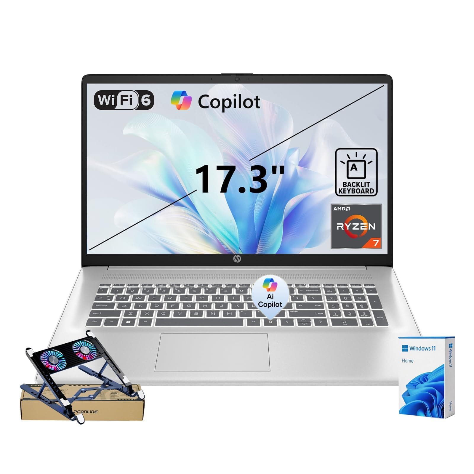 HP 17.3" FHD Copilot AI Laptop PC, AMD Ryzen 7 7730U, 16GB RAM 512GB SSD