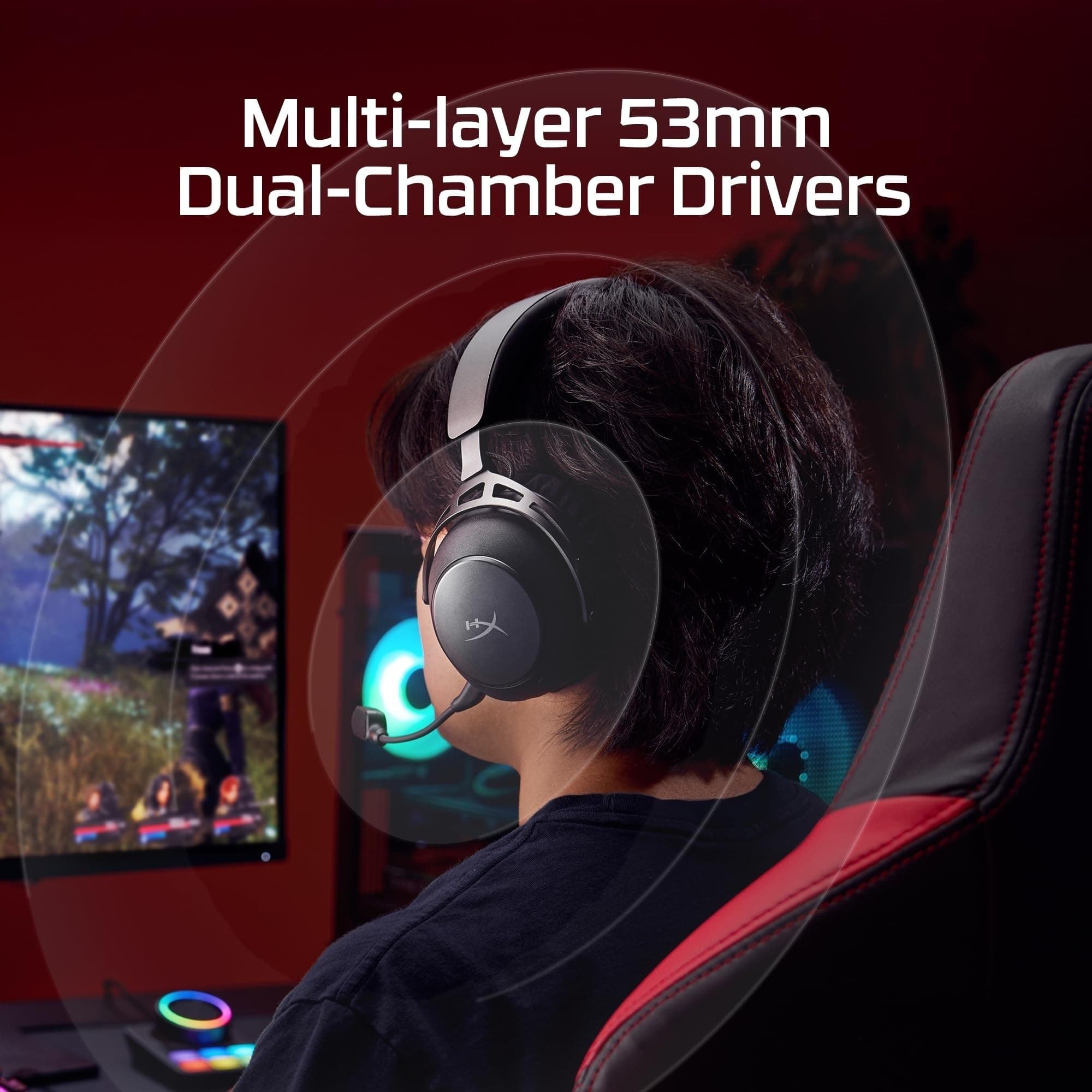 HyperX Cloud Alpha 2 – Wireless Gaming Headset with 53mm Dual-Chamber Drivers and up to 250 Hours Battery Life, RGB Base Station, Simultaneous 2.4GHz & Bluetooth - Black, view 3