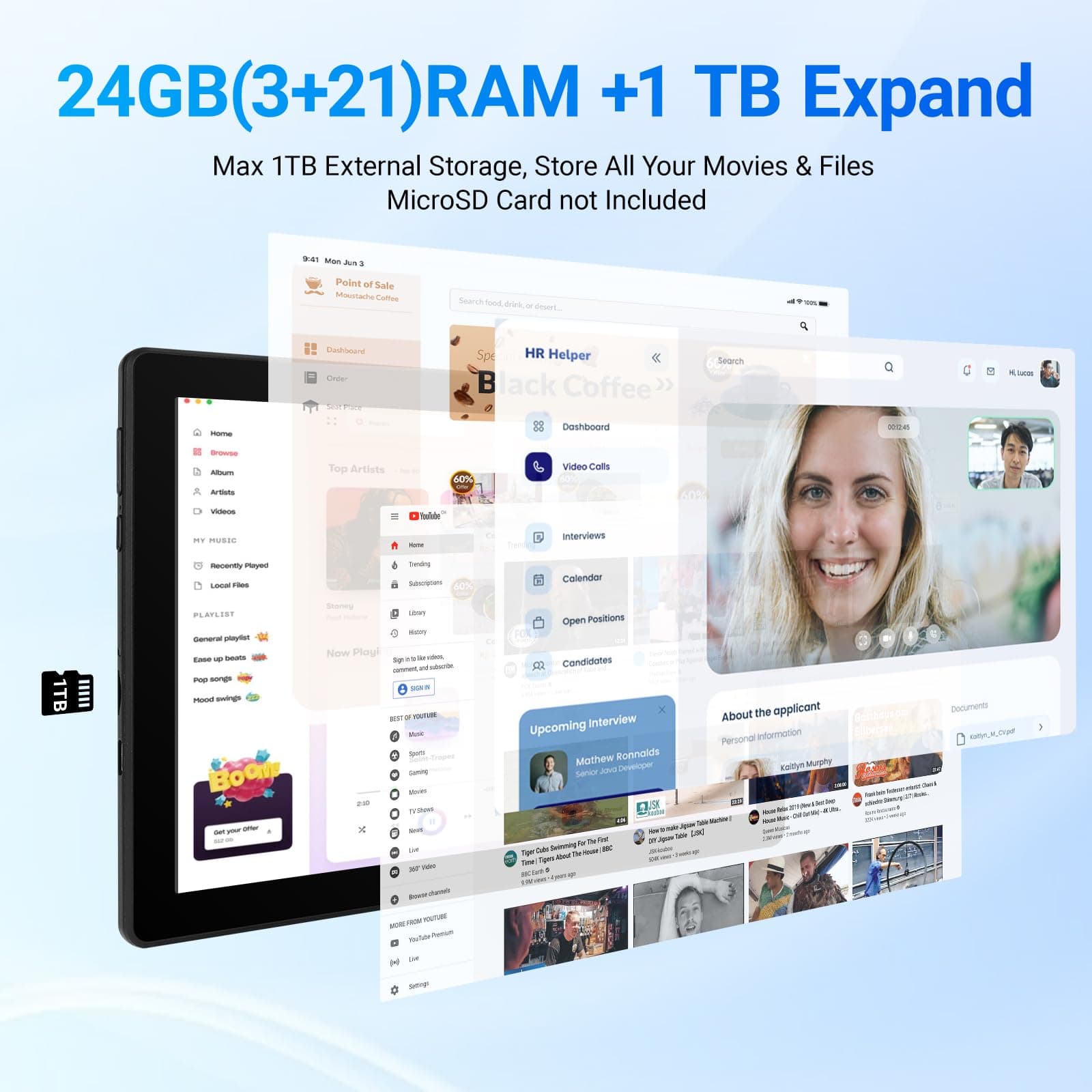 Jeazans Tablet, 10.1" Android 16 Tablet, 24GB RAM 64GB ROM 1TB Expand, 6000mAh Battery, Dual 5MP+8MP Camera, 1280x800 IPS HD Touchscreen, Widevine L1, Wi-Fi 6 BT 5.4 GMS Certified, Face Unlock, view 3