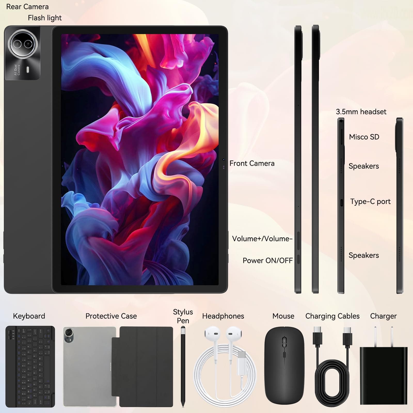 URAO Tablet|14 inch Android 16 Tablet|30GB RAM 256GB ROM |1920 * 1200 IPS FHD|10000mAh 30W Fast Charging|Octa-core Processor|Wi-Fi 6, BT 5.4|Dual Camera with Gemini AI|Keyboard|Stylus|Case|Headphone, view 8