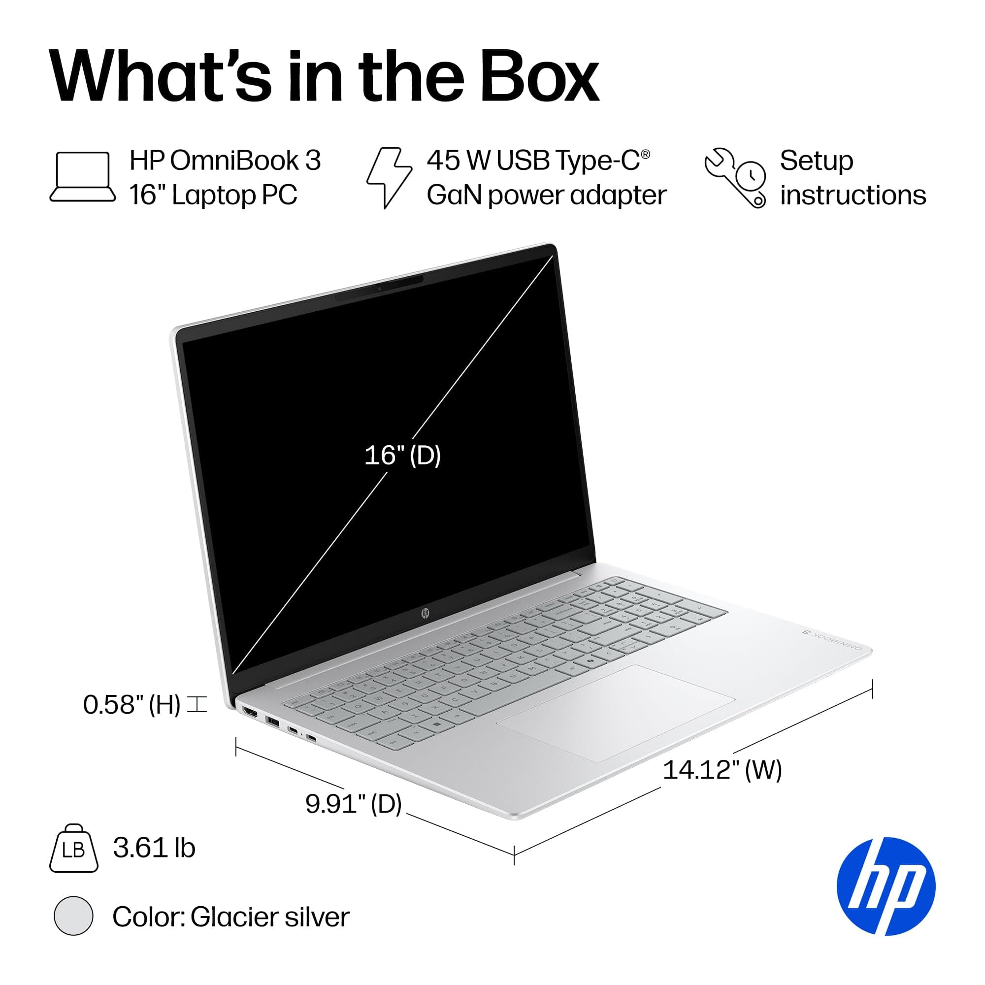 HP OmniBook 3 16 inch Laptop PC, 2K Touchscreen, AMD Ryzen 5 40, 8 GB RAM, 512 GB SSD, AMD Radeon 610M GPU, Windows 11 Home, Glacier Silver, 16-by0499nr, view 10
