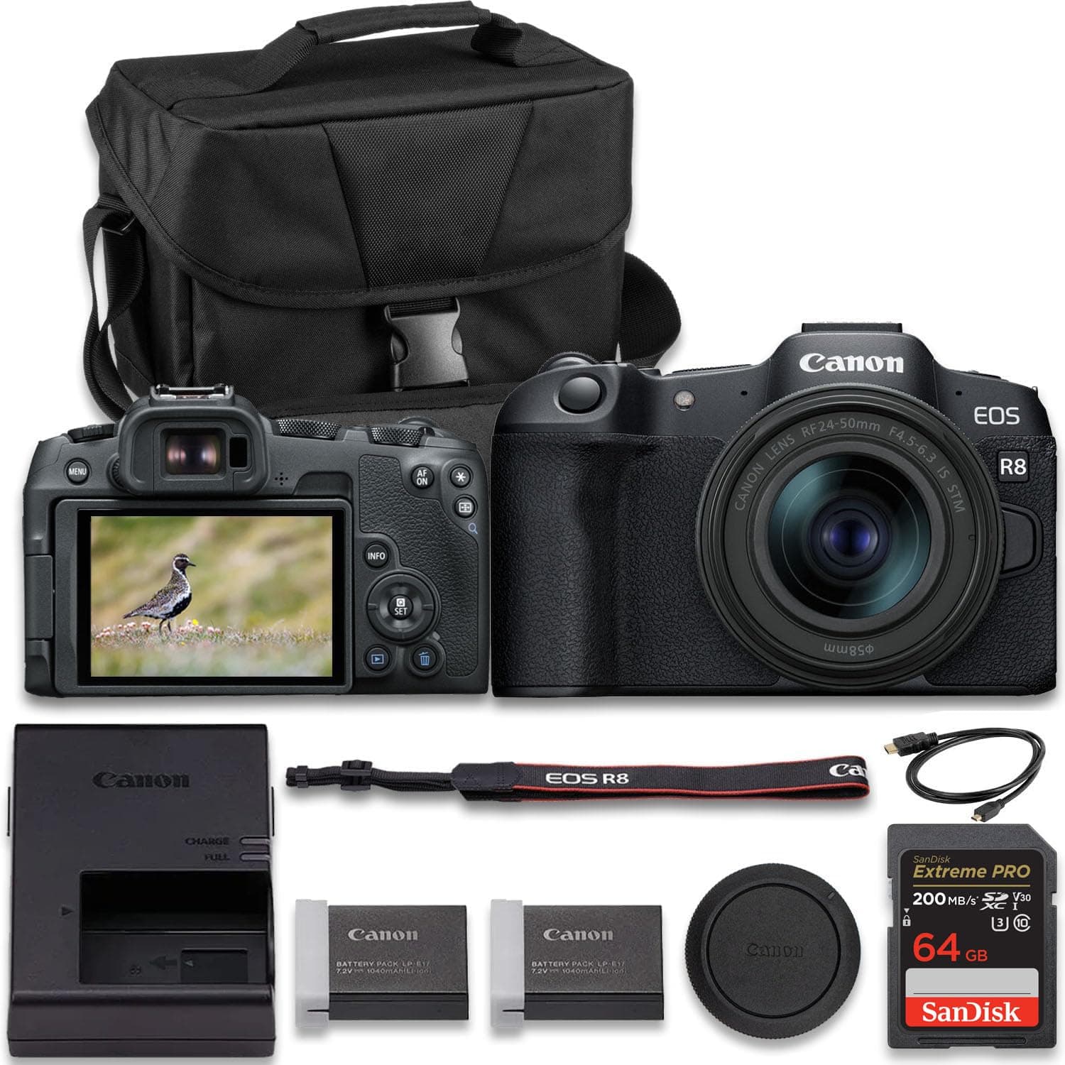 Canon EOS R8 Mirrorless Camera | USA Model | with RF 24-50mm f/4.5-6.3 is STM Lens + Extra LP-E17 Lithium-Ion Battery + SanDisk Extreme Pro 64GB + Camera Case + More (14pc Bundle)