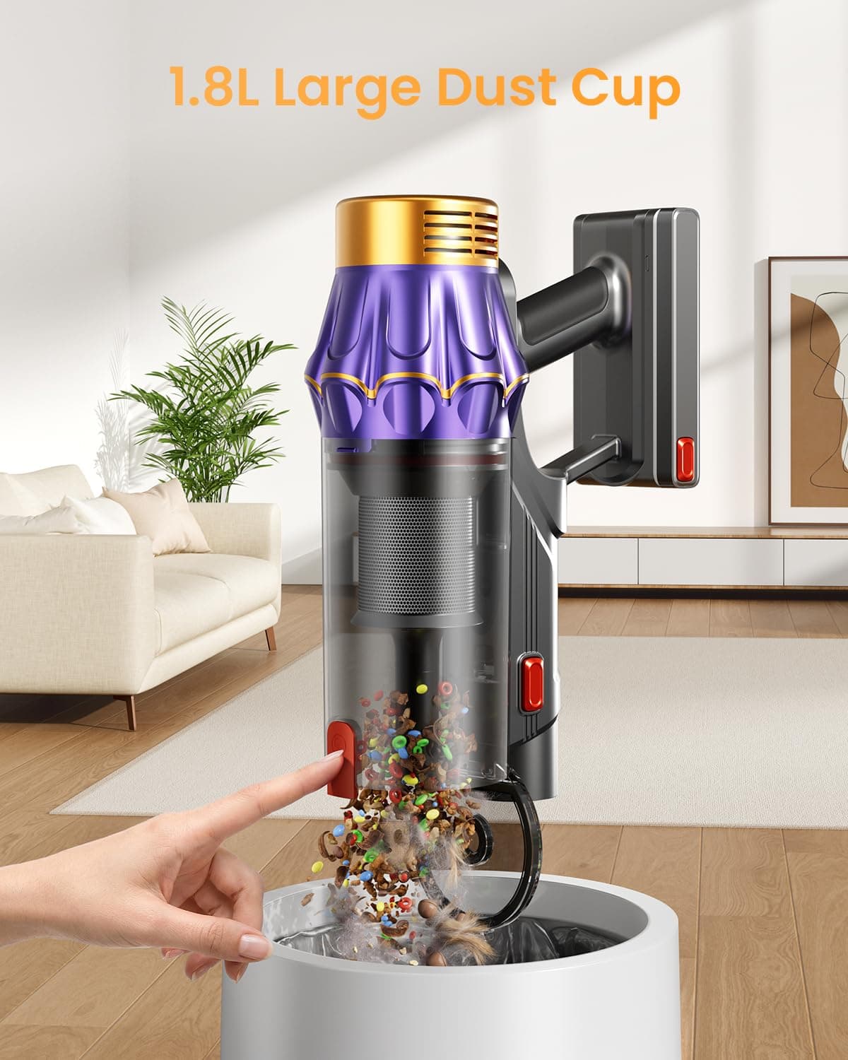 Cordless Vacuum Cleaner, 650W/60KPA/70 Mins Vacuum Cleaners for Home with Self-Standing, Anti-Tangle Vacuum Cordless, Smart Display and 1.8L Cup Cordless Stick Vacuum Cleaner for Pet Hair/Carpets, view 6