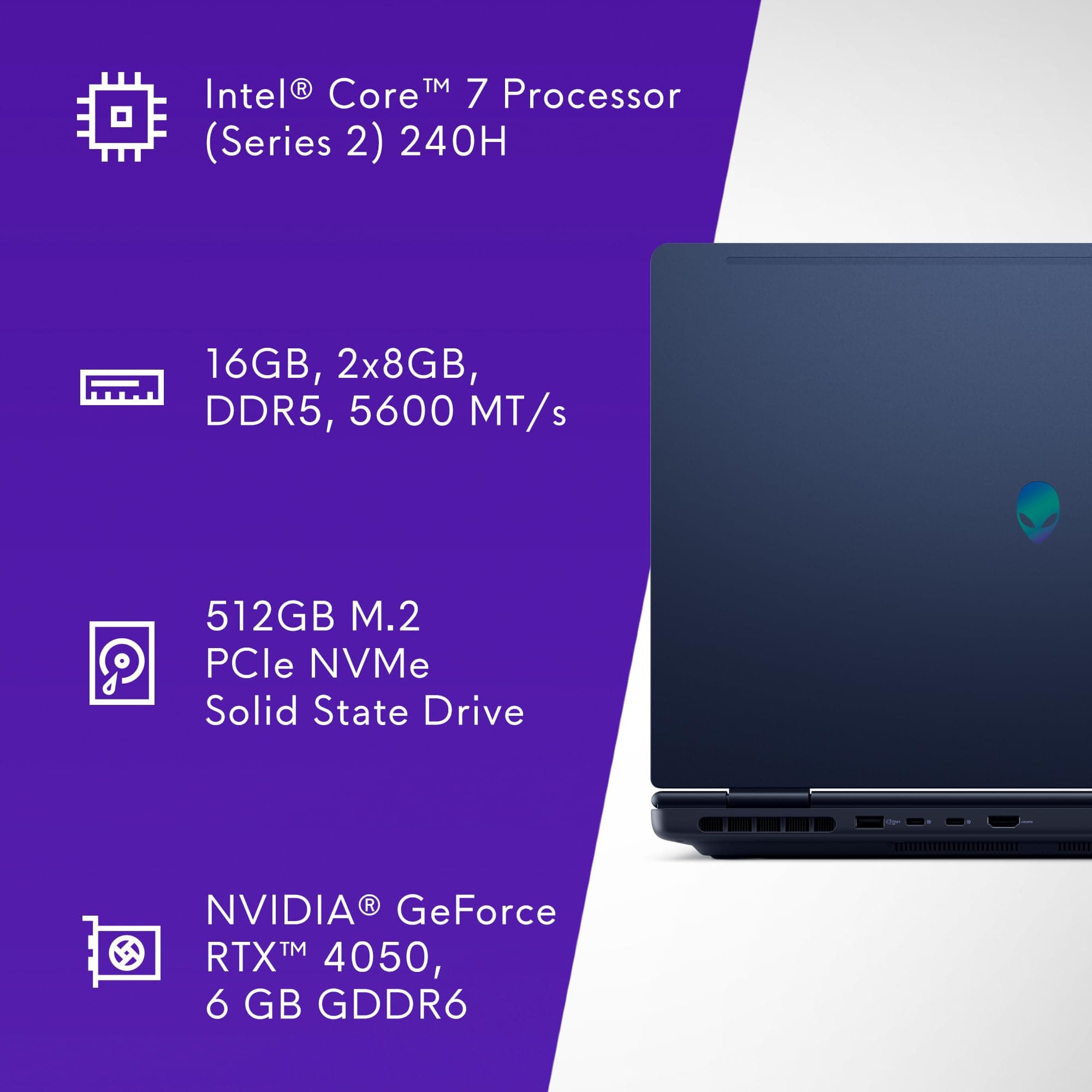 Alienware 16 Aurora Gaming Laptop AC16250-16-inch WQXGA 120Hz Display,Intel Core 7 Processor (Series 2) 240H Processor,16GB DDR5 RAM,512GB SSD, NVIDIA GeForce RTX 4050 Graphics,Windows 11 Home-Blue, view 10