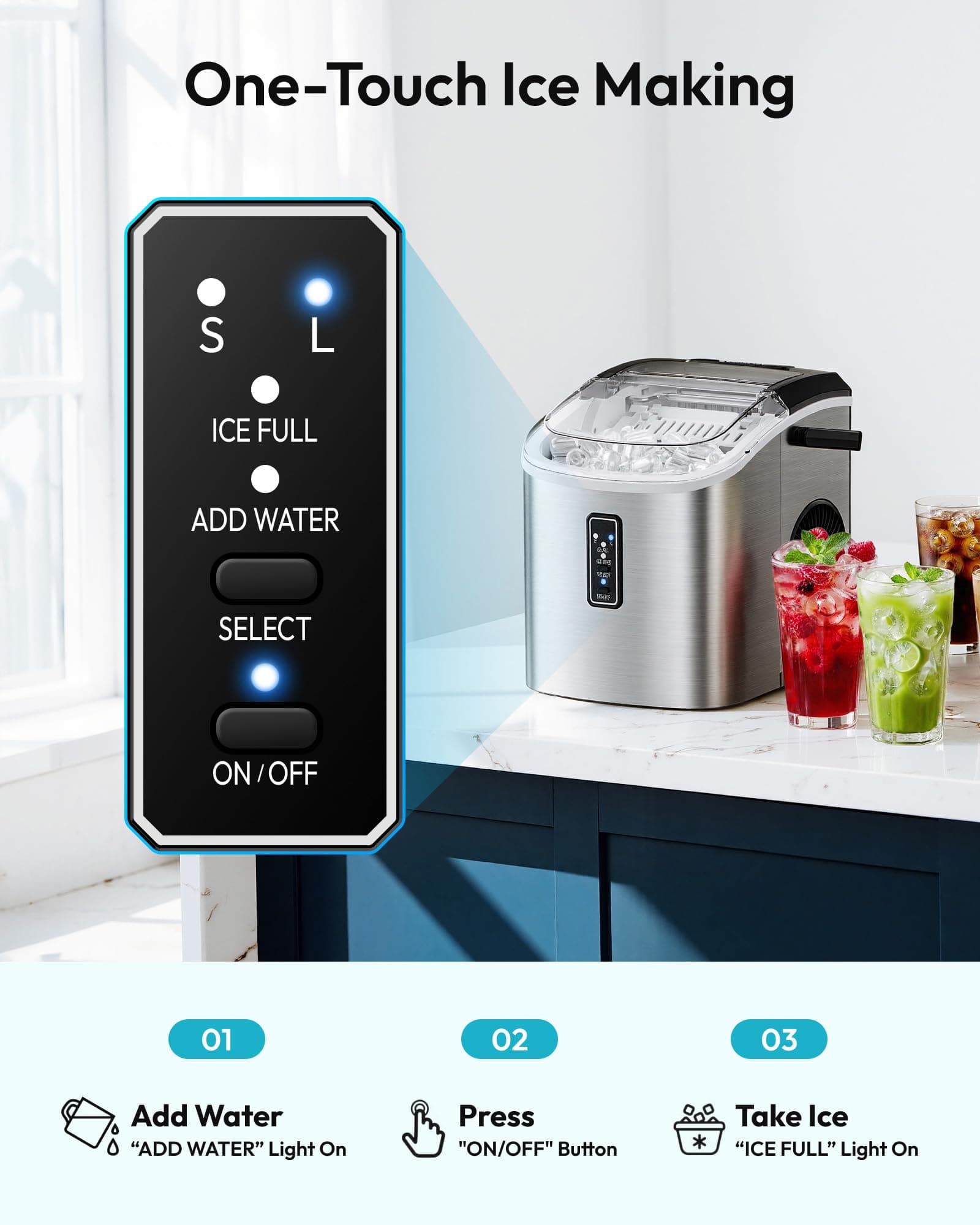 EUHOMY Ice Maker Countertop, 9 Cubes Ready in 6 Mins, 26lbs/24H, Self-Cleaning, Portable Ice Maker Machine with Carry Handle, Basket and Scoop, 2 Sizes of Bullet Ice for Home, Kitchen, Office, view 6