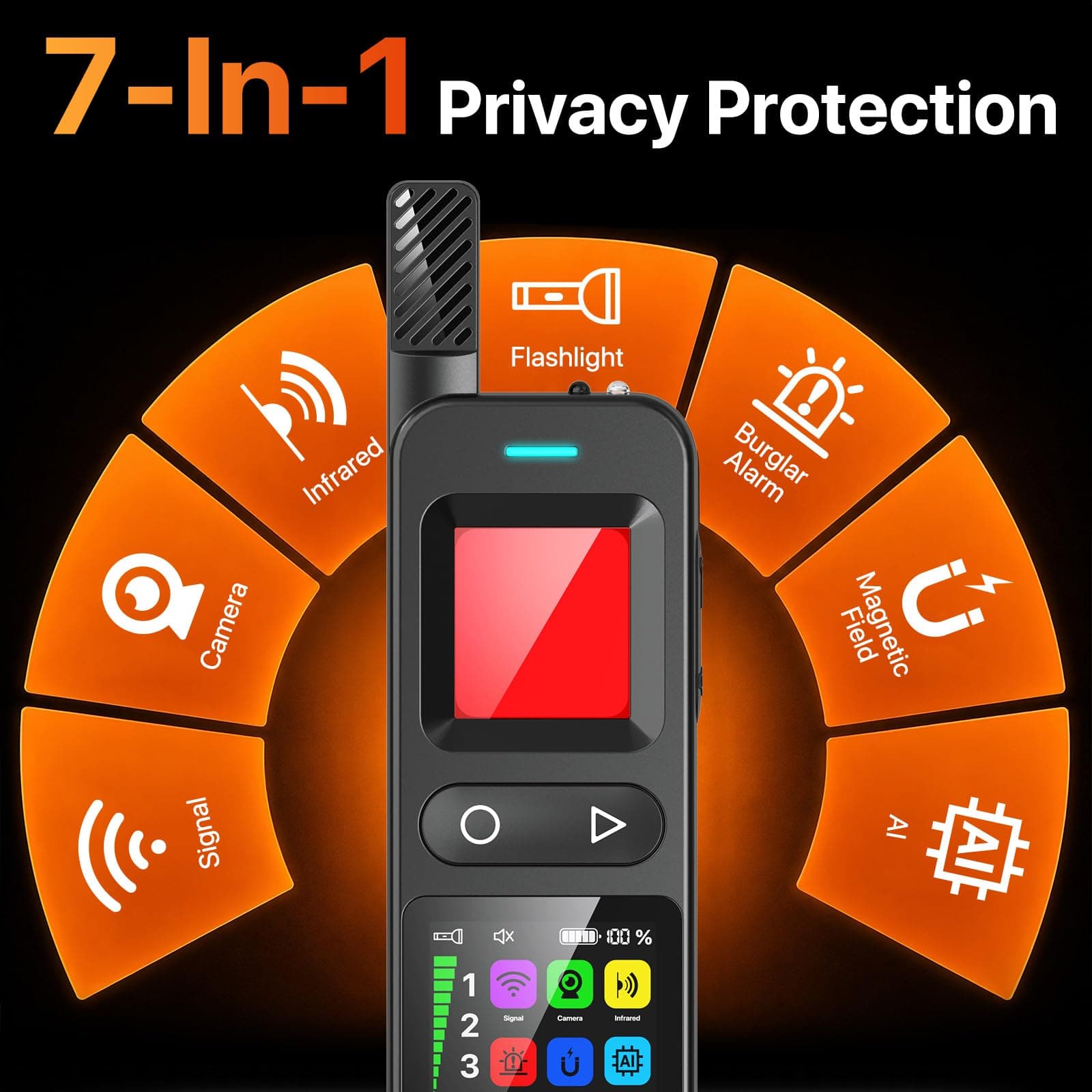 7-in-1 Hidden Camera Detector, Spy Camera Finder, Magnetic GPS Tracker Detector, Anti-Theft Alarm with Built-in Flashlight, Rechargeable Privacy Protection Device for Hotel, Car, Office Travel Black, view 2