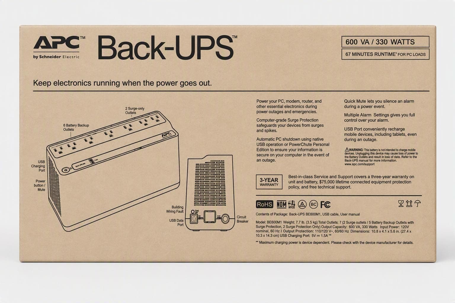 APC UPS 600VA/330W Battery Backup for Computer, Router, NAS, BE600M1, view 10
