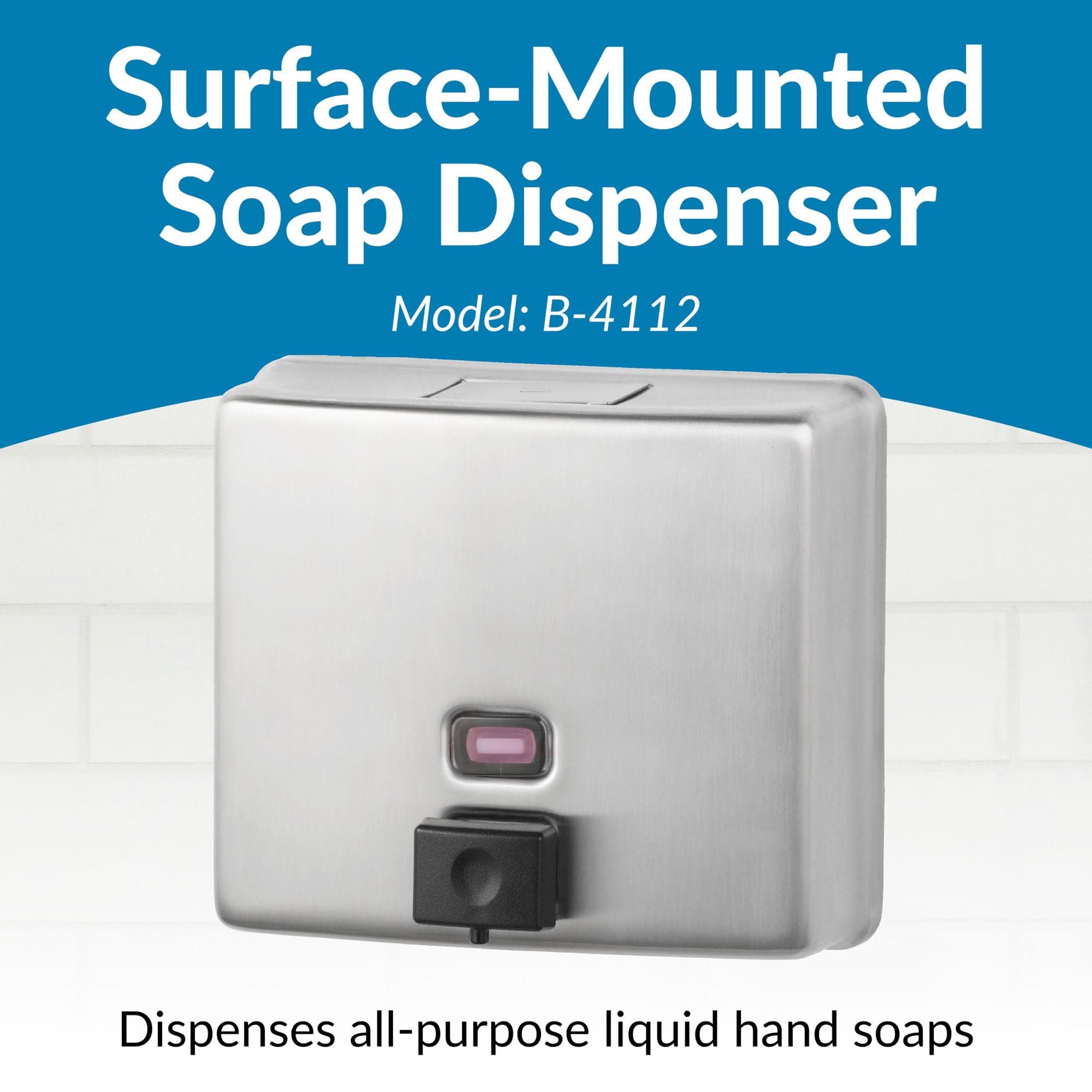 Bobrick Wall-Mounted Liquid Soap Dispenser, Satin-Finish Stainless Steel, 40 fl-oz Capacity, Vandal-Resistant Design with Refill Indicator Window, Top Fill Commercial Bathroom Accessory (Model B-4112), view 2