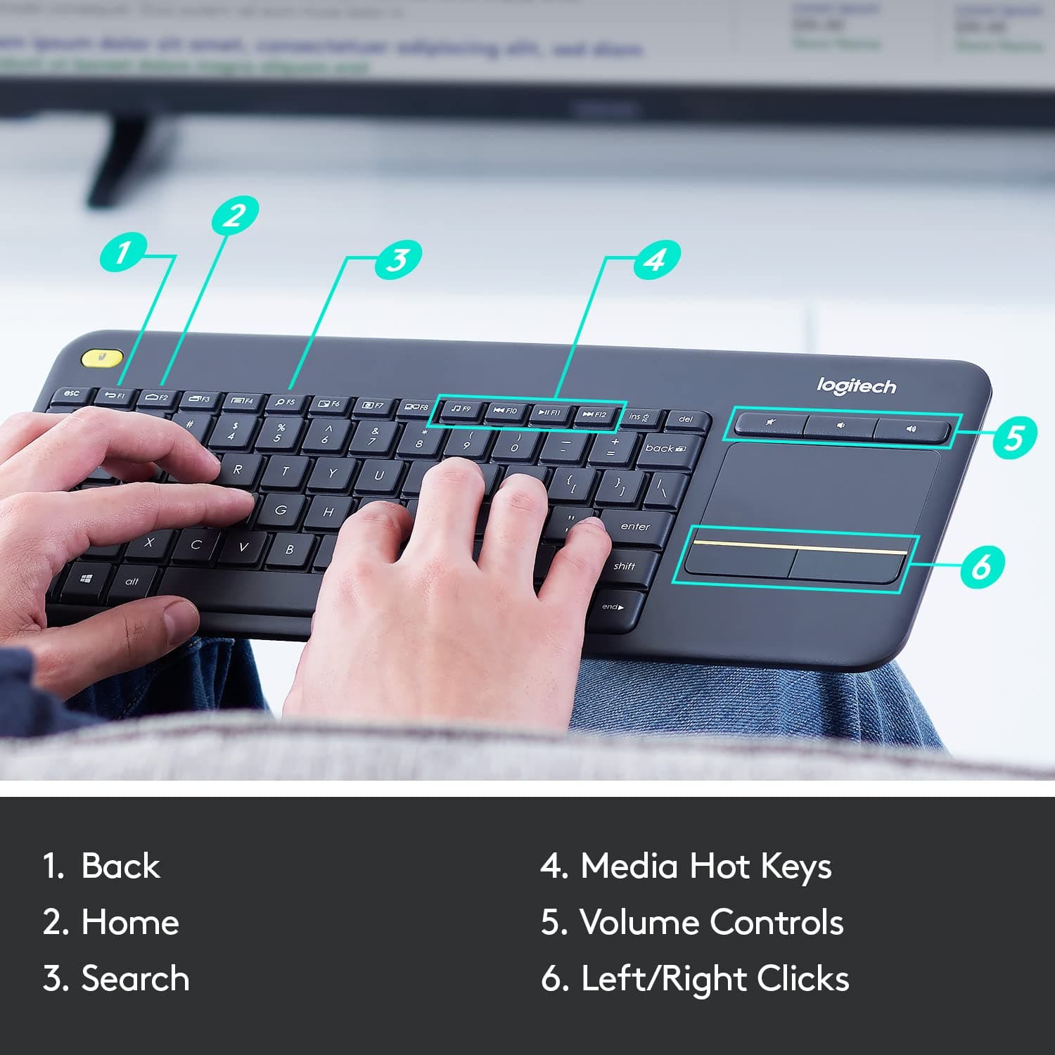 Logitech K400 Plus Wireless Touch TV Keyboard for PC-Connected TV - Black, view 6