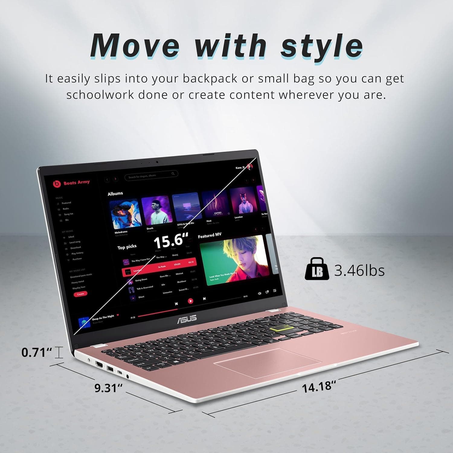 ASUS Vivobook Go 15.6" FHD Laptop, Intel Pentium Silver N6000, 4GB RAM, 128GB SSD Drive, Intel HD Graphics, HD Webcam, Wi-Fi 5, with 1-Year Office 365, Win11, Pink, view 2