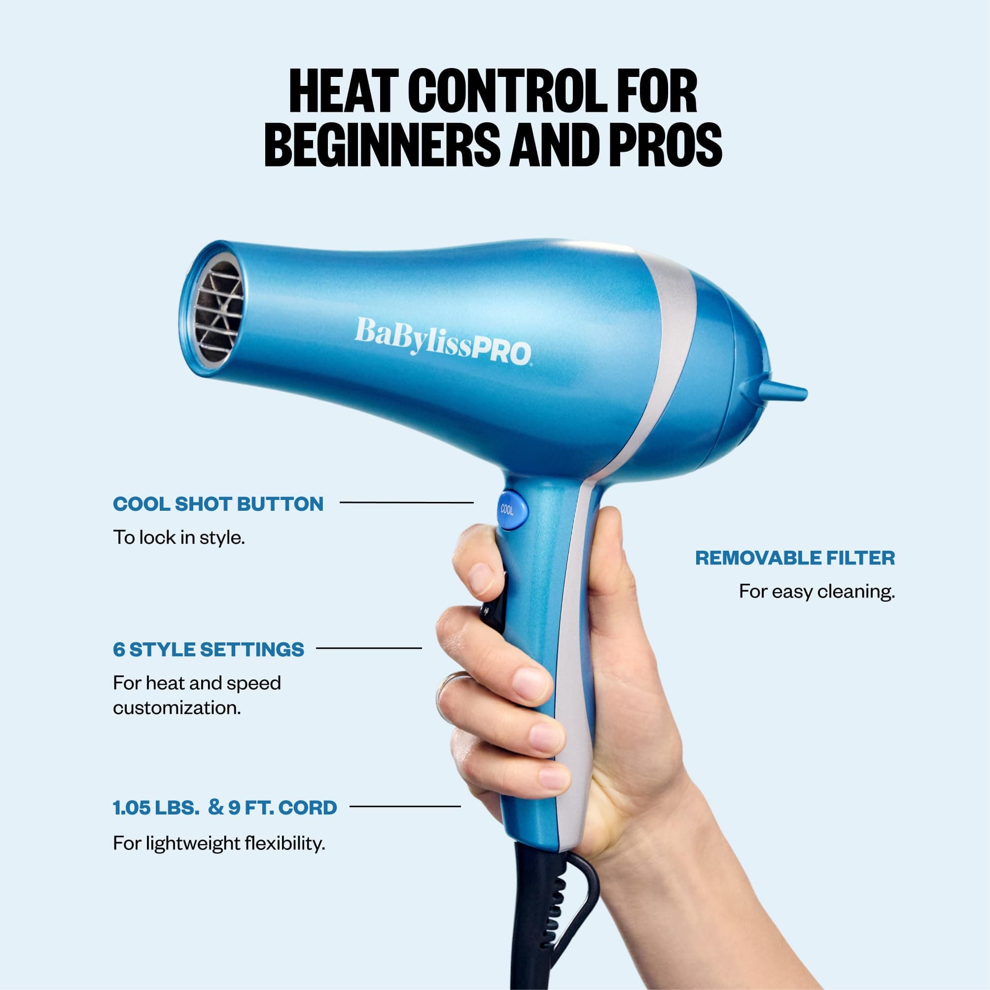 BaBylissPRO The Nano Titanium Hair Dryer, Lightweight, 3 Attachments, view 5