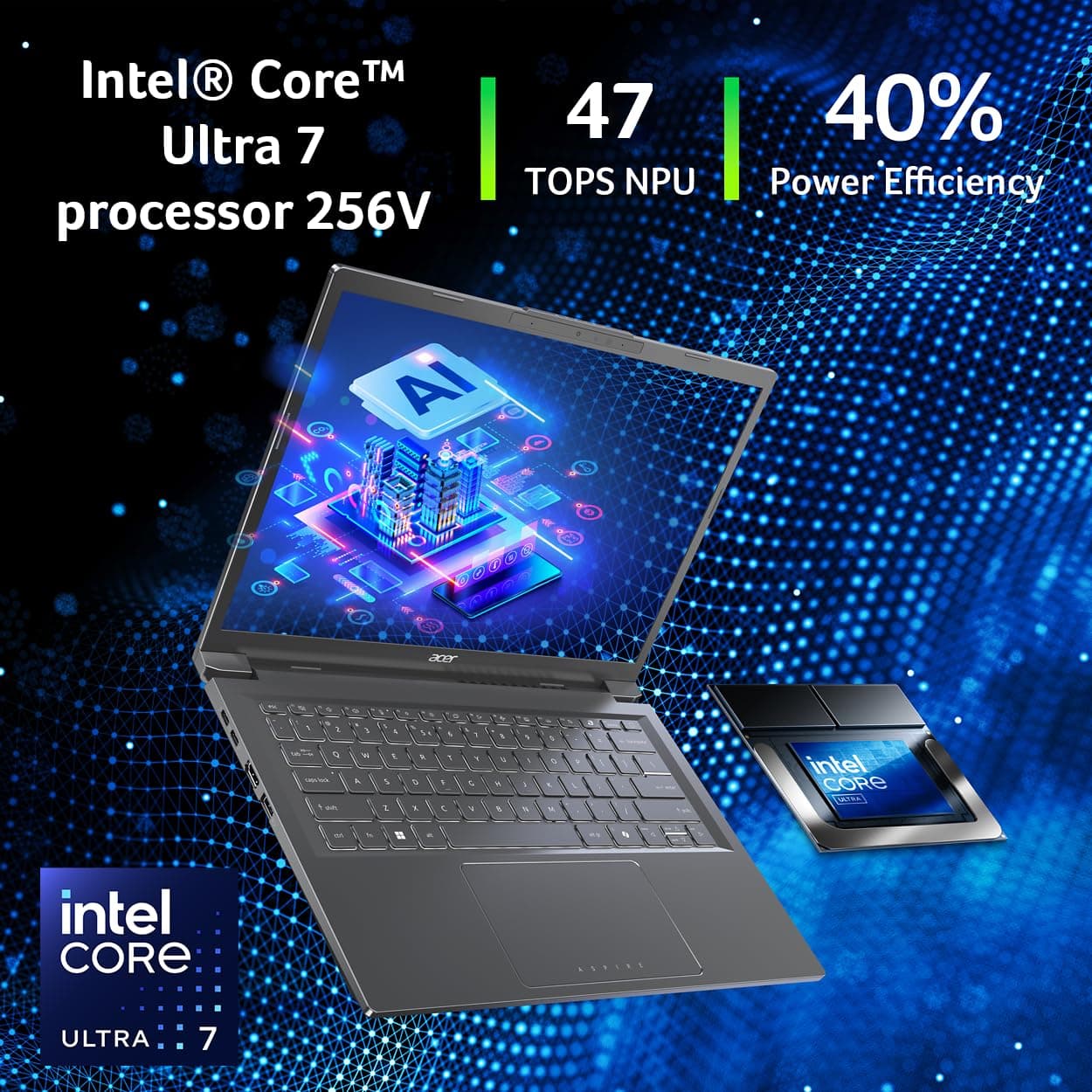 Acer Aspire 14 AI Copilot+ PC | 14" WUXGA Display | Intel Core Ultra 7 Processor 256V | NPU: Up to 47 Tops - GPU: Up to 64 Tops | Intel ARC 140V | 16GB LPDDR5X | 1TB SSD | Wi-Fi 6E | A14-52M-72S0, view 4