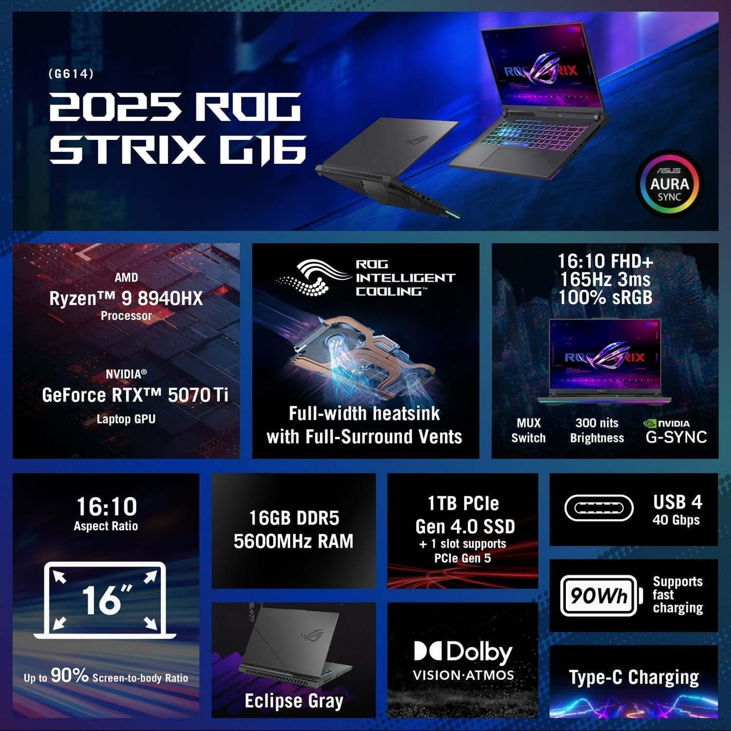 ASUS Latest 2026 ROG Strix G16 Gaming Laptop, 16" FHD 165Hz Display, 16-Core AMD Ryzen 9 8940HX, RTX 5070 Ti, 16GB RAM, 1TB SSD, Eclipse Grey, view 4