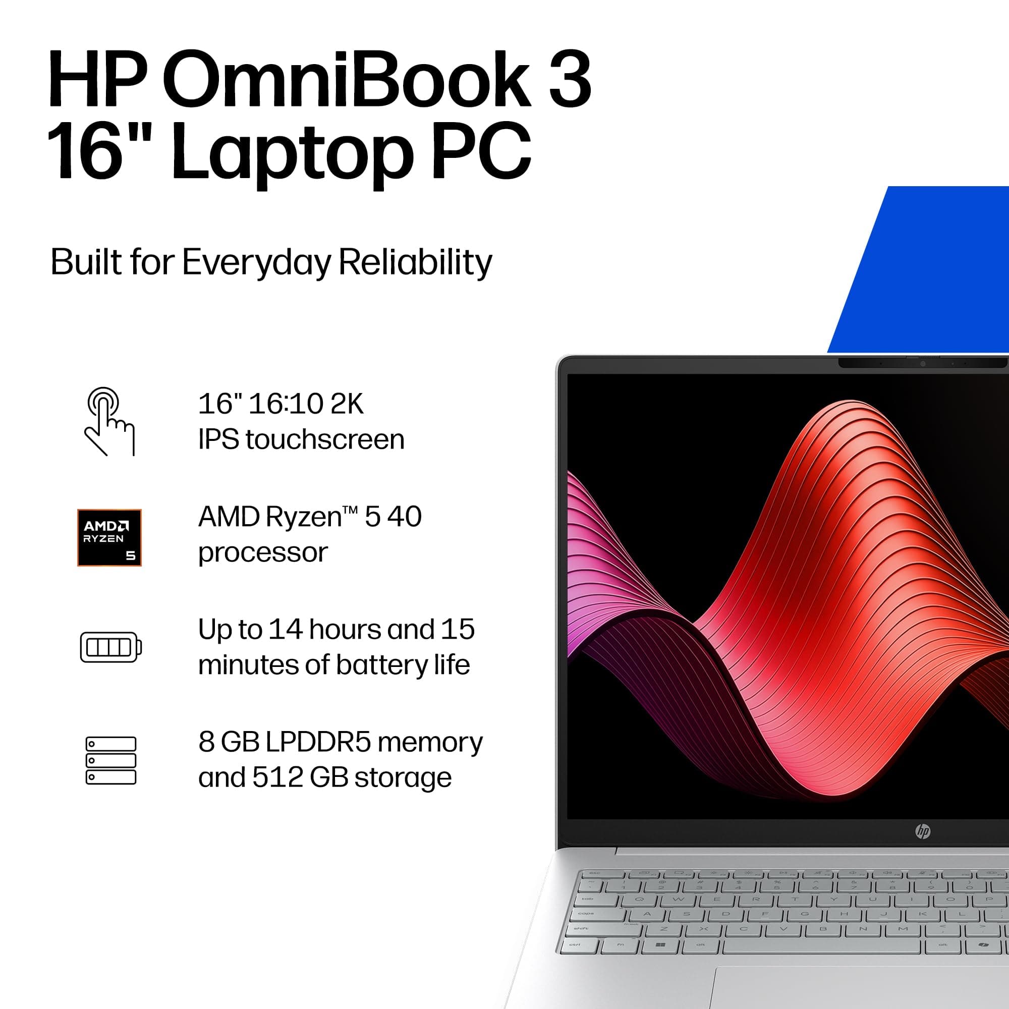 HP OmniBook 3 16 inch Laptop PC, 2K Touchscreen, AMD Ryzen 5 40, 8 GB RAM, 512 GB SSD, AMD Radeon 610M GPU, Windows 11 Home, Glacier Silver, 16-by0499nr, view 2