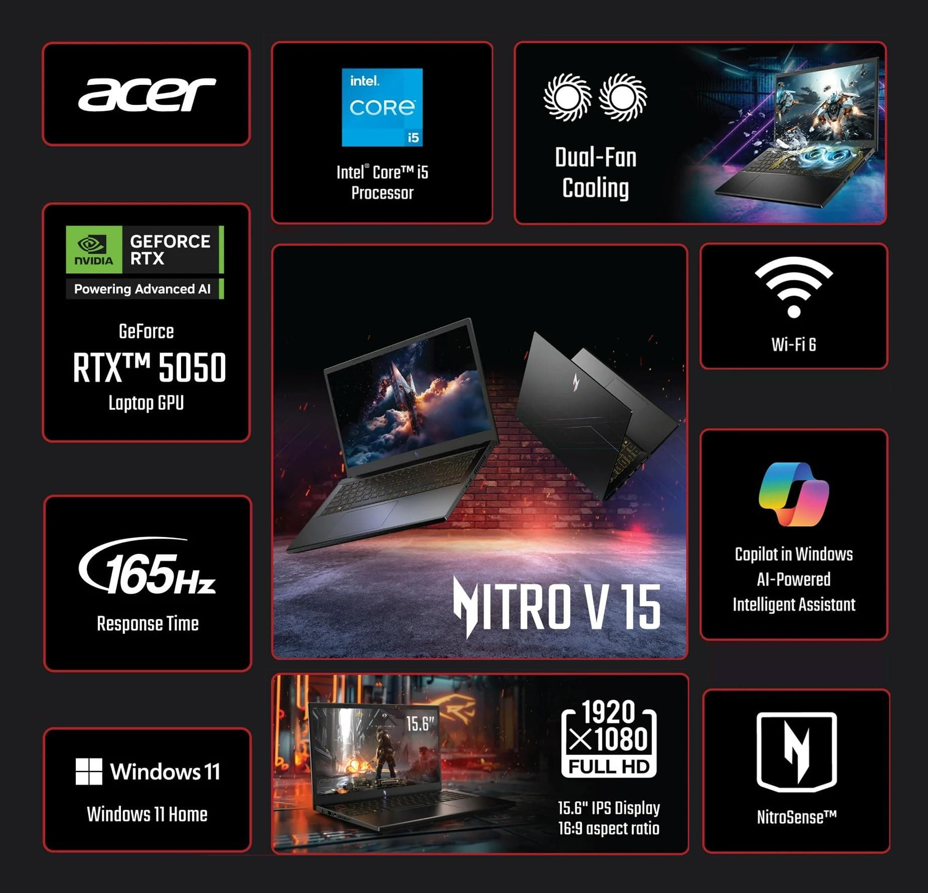 acer Nitro V 15.6” FHD IPS 165Hz Gaming Laptop, Intel Core i5-13420H, NVIDIA GeForce RTX 5050 with 8GB GDDR7 VRAM, Win11H, w/Mouse pad (16GB RAM, 512GB PCIe SSD), view 2