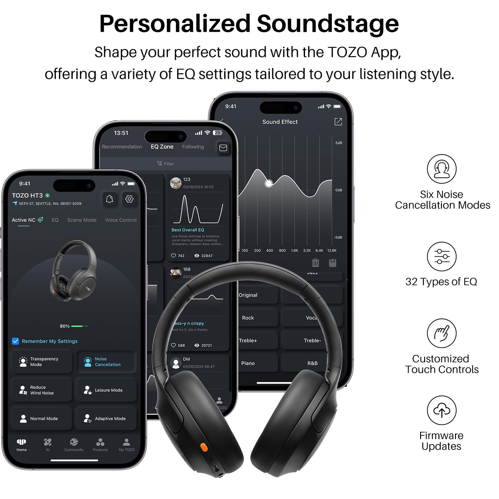 TOZO HT3 Hybrid Noise Cancelling Wireless Headphones, 90H Over Ear Headset, view 7