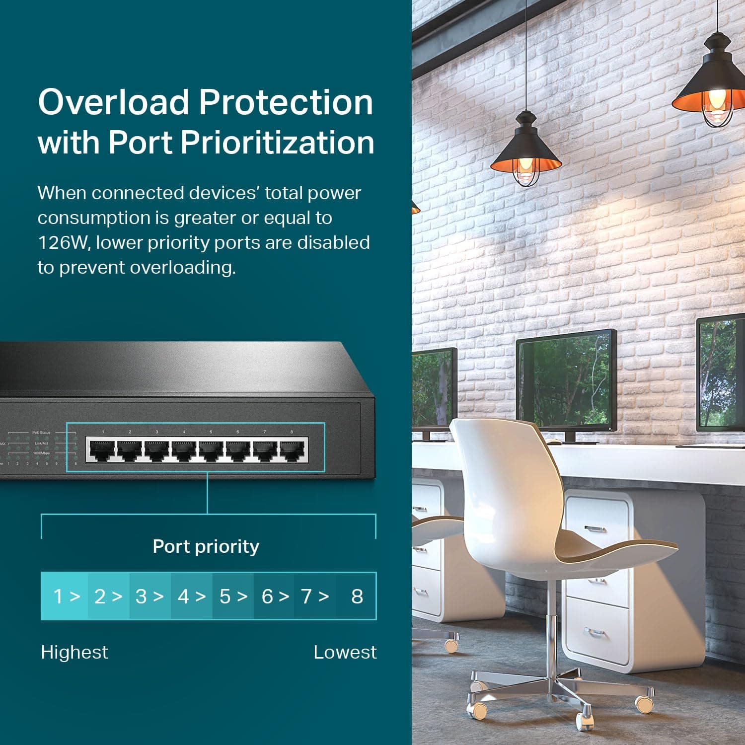 TP-Link 8 Port Gigabit PoE Switch | 8 PoE+ Ports @126W | Plug & Play | Limited Lifetime Protection | Desktop/ Rackmount | Prioritized Power Supply | Sturdy Metal | Shielded Ports (TL-SG1008MP), view 3