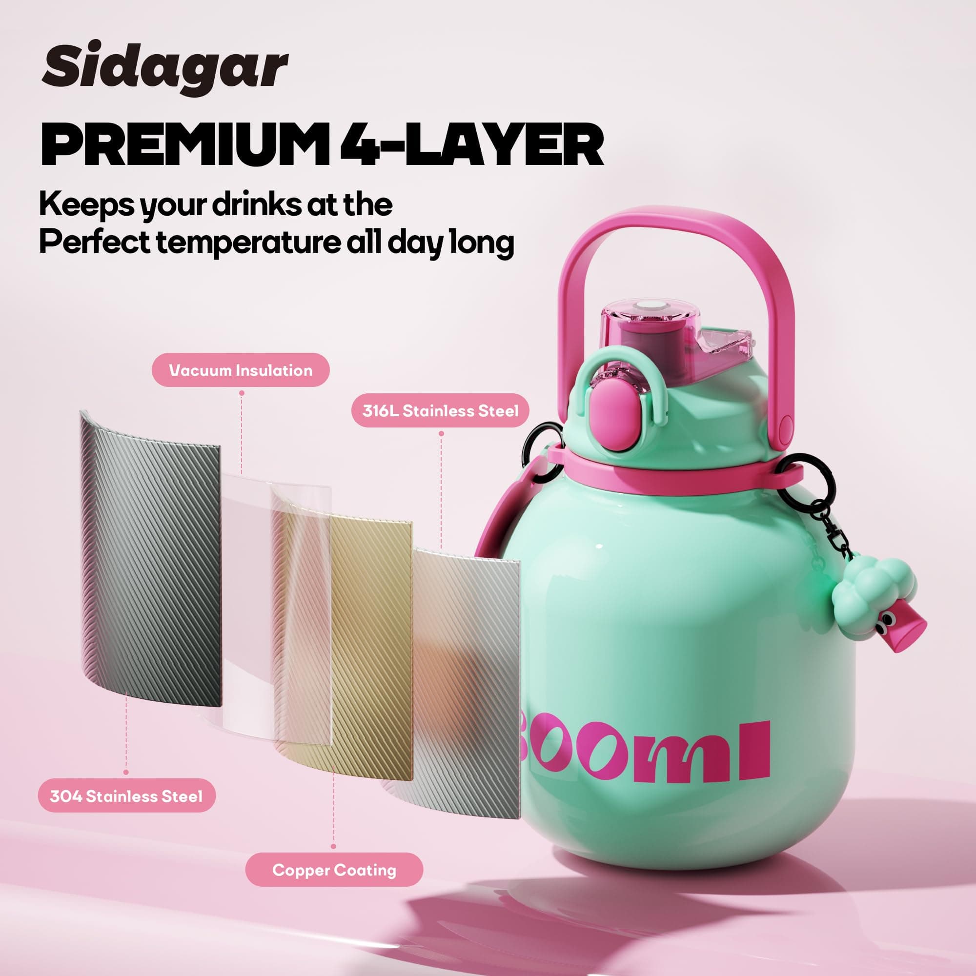 Sidagar 60 oz Half Gallon Insulated Water Bottle with Straw, Green, view 8