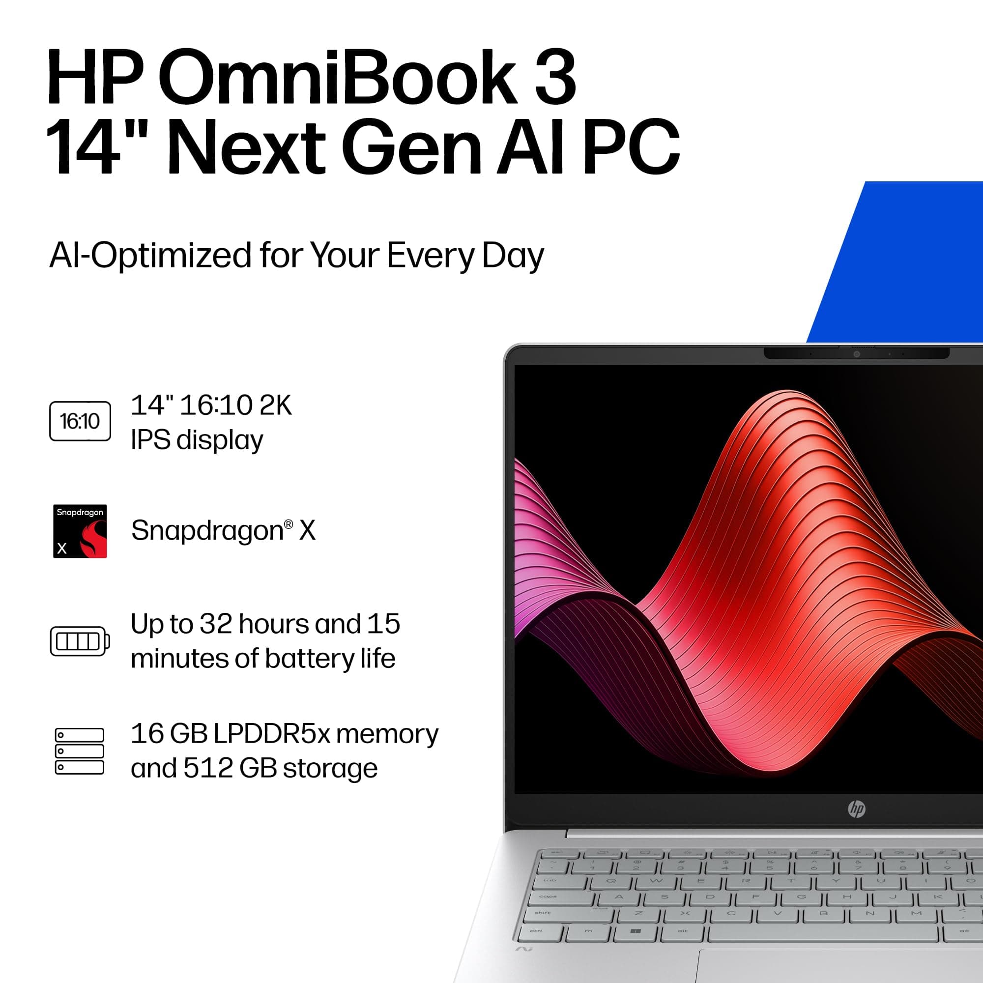 HP OmniBook 3 14 inch Next Gen AI PC, 2K Display, Snapdragon X X1-26-100, 16 GB RAM, 512 GB SSD, Qualcomm Adreno GPU, Windows 11 Home, Glacier Silver, 14-hz0099nr, view 2