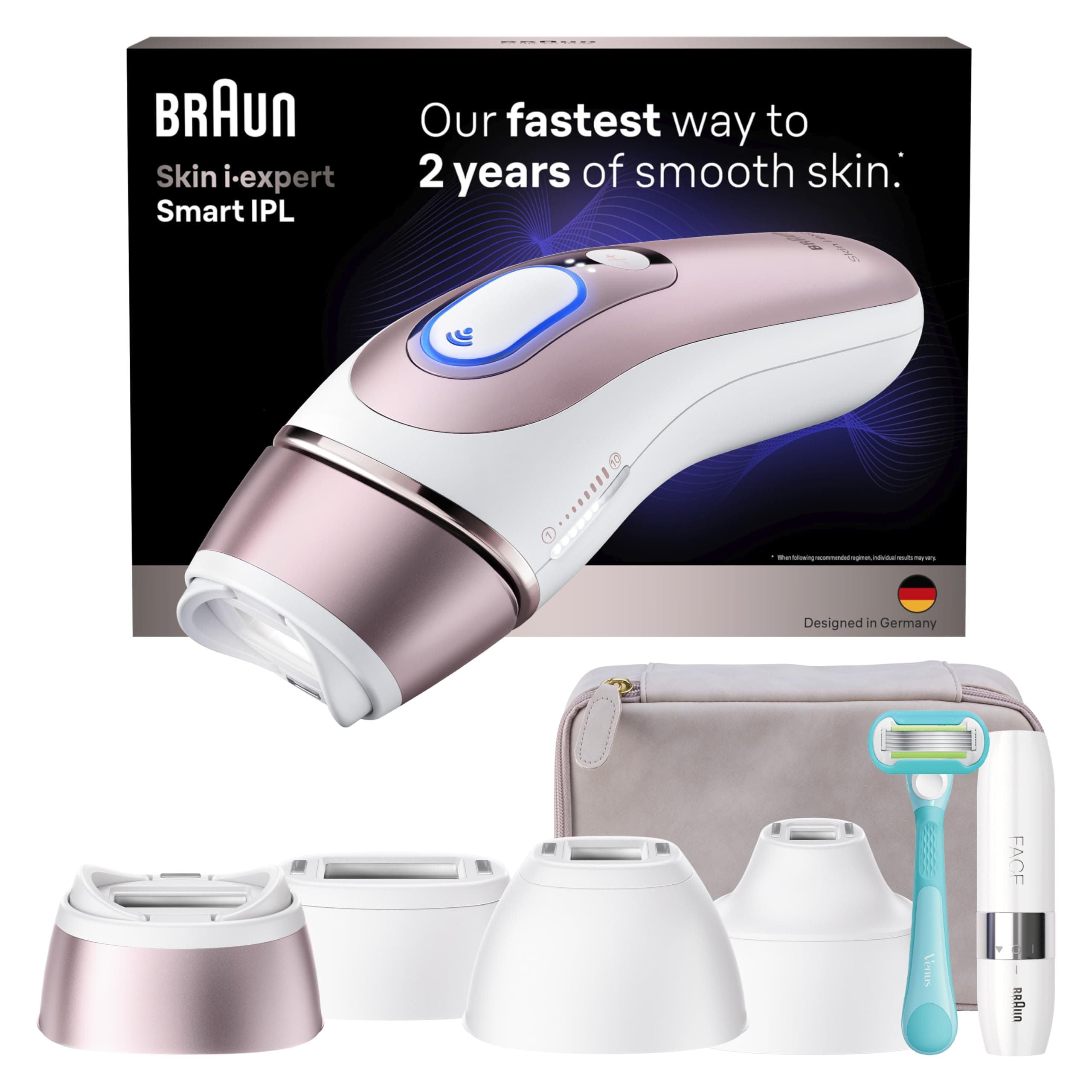 Braun Skin i-Expert Smart IPL PL7219 at Home Laser Hair Removal for Women and Men with App, Premium Pouch, Venus Razor, 2 Smart Heads, Facial Trimmer
