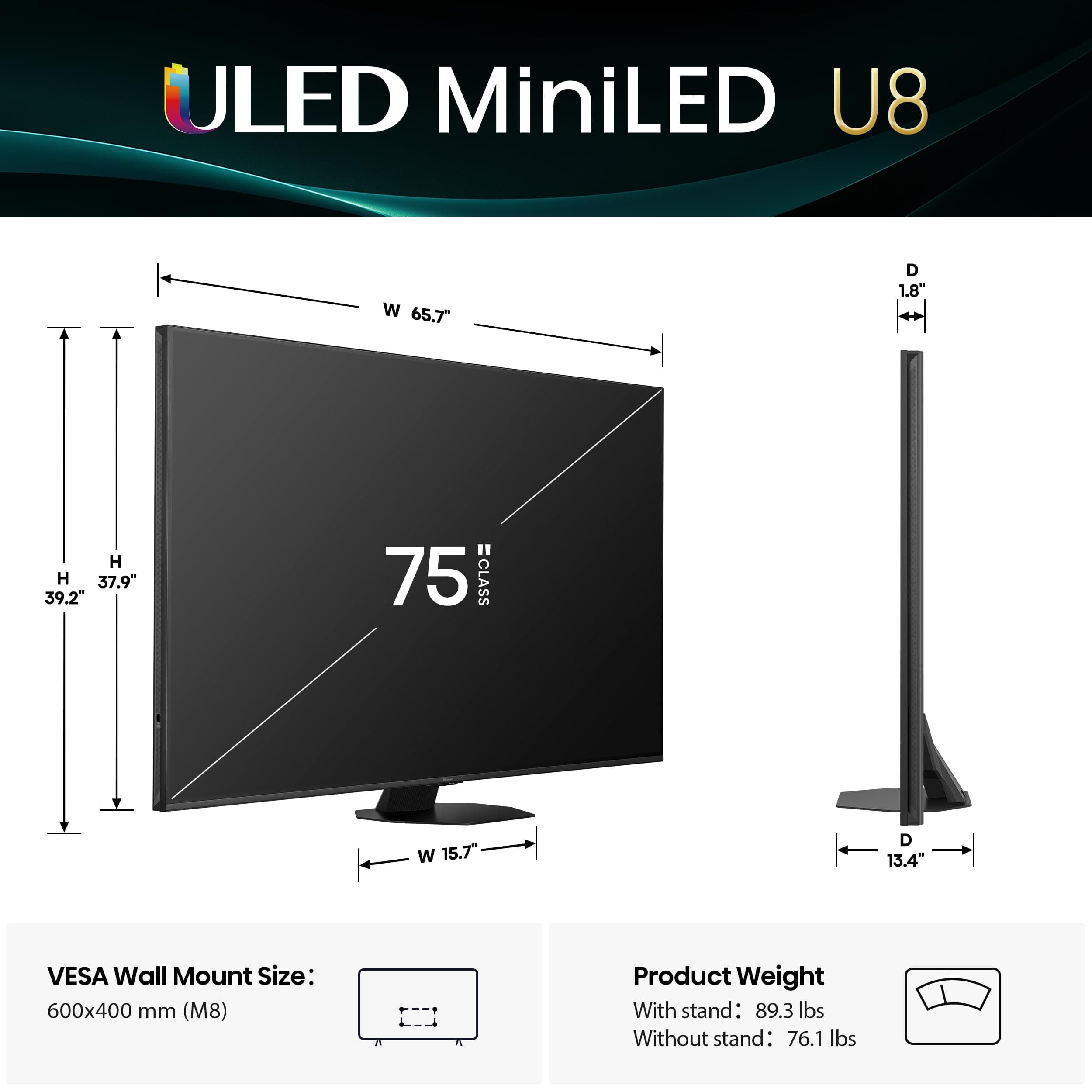 Hisense 75" U8 Series ULED Mini-LED 4K UHD Smart Google TV (75U8QG) - QLED, Native 165Hz, VRR 288, Up to LD5600, 5000 Nits, HDR10+, Dolby Vision IQ · Atmos, IMAX Enhanced, 4.1.2 Ch Audio, view 3