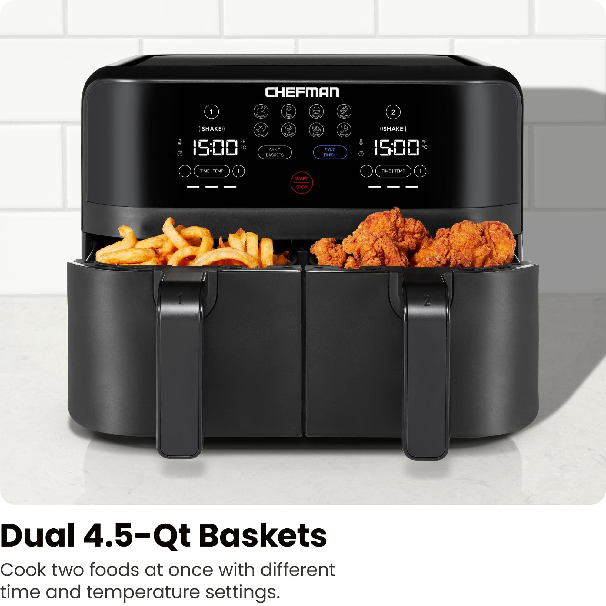 Chefman TurboFry Touch Dual Air Fryer, Maximize The Healthiest Meals With Double Basket Capacity, One-Touch Digital Controls And Shake Reminder For The Perfect Crispy And Low-Calorie Finish, view 4
