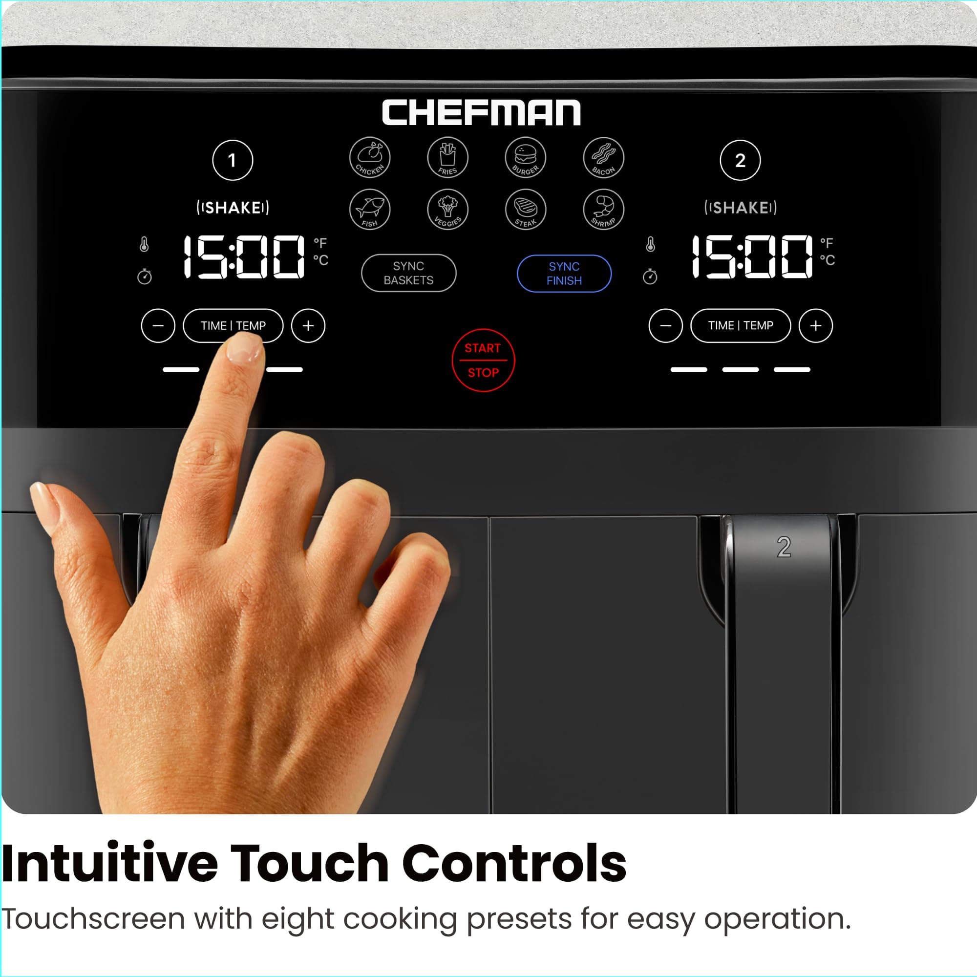 Chefman TurboFry Touch Dual Air Fryer, Maximize The Healthiest Meals With Double Basket Capacity, One-Touch Digital Controls And Shake Reminder For The Perfect Crispy And Low-Calorie Finish, view 5