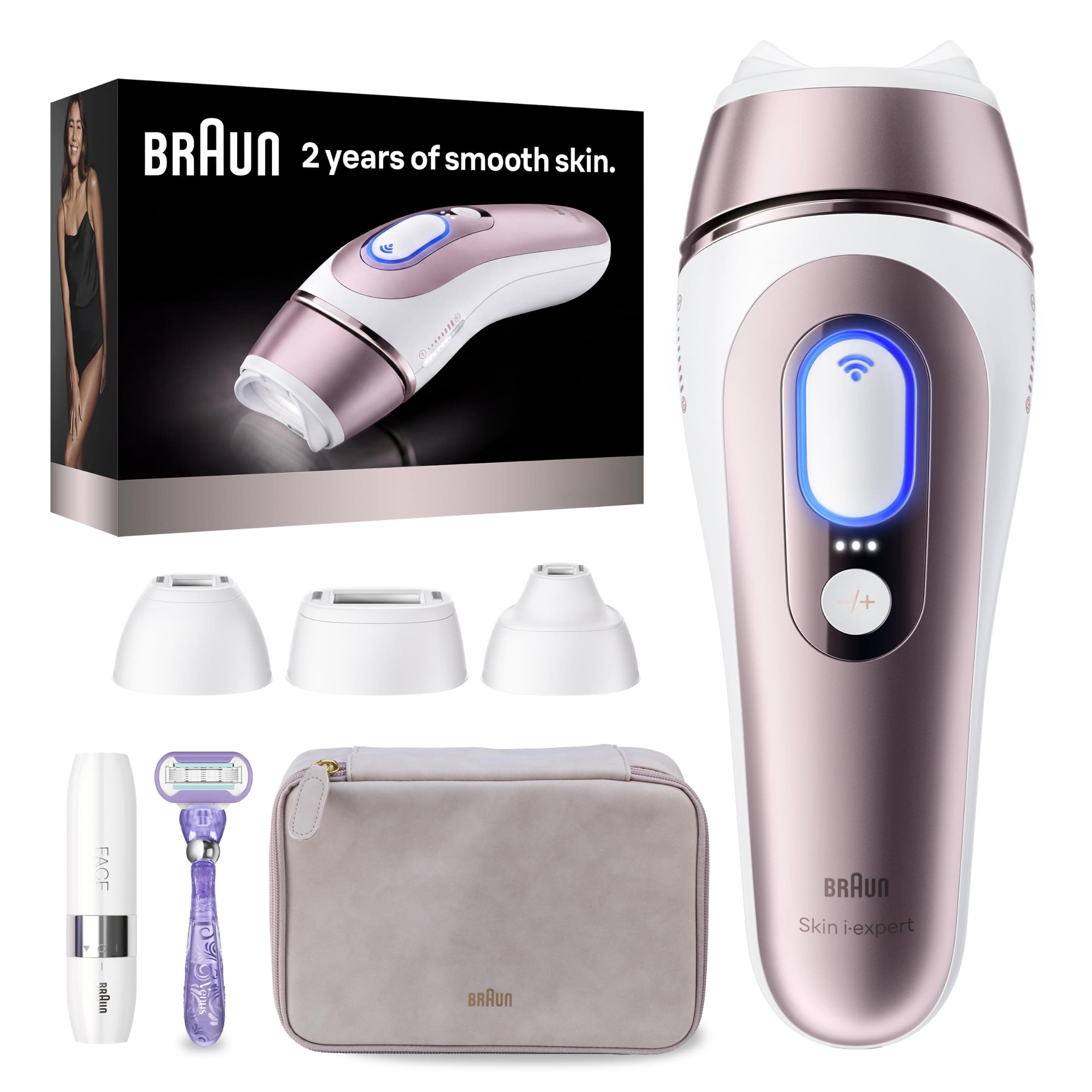 Braun Skin i-Expert Smart IPL PL7219 at Home Laser Hair Removal for Women and Men with App, Premium Pouch, Venus Razor, 2 Smart Heads, Facial Trimmer
