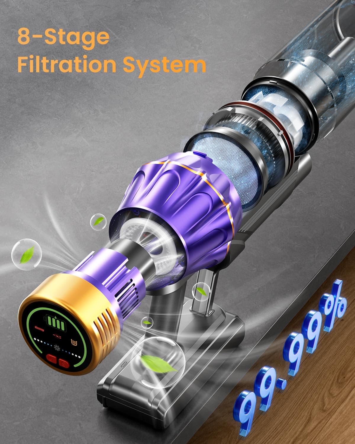 Cordless Vacuum Cleaner, 650W/60KPA/70 Mins Vacuum Cleaners for Home with Self-Standing, Anti-Tangle Vacuum Cordless, Smart Display and 1.8L Cup Cordless Stick Vacuum Cleaner for Pet Hair/Carpets, view 7