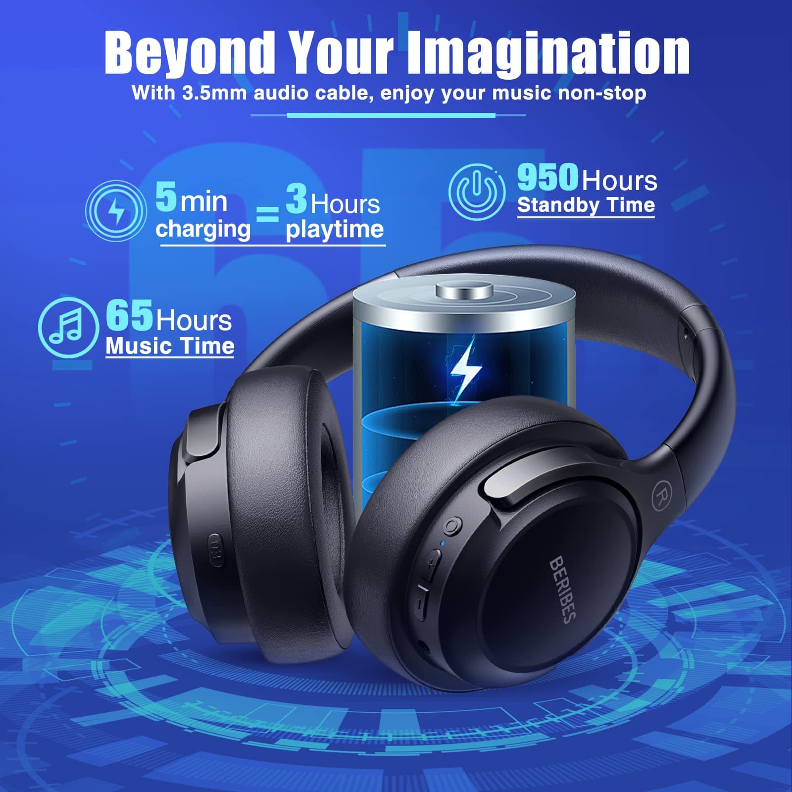 BERIBES Bluetooth Headphones Over Ear Wireless HiFi Stereo Headsets 65H 6EQ, view 3