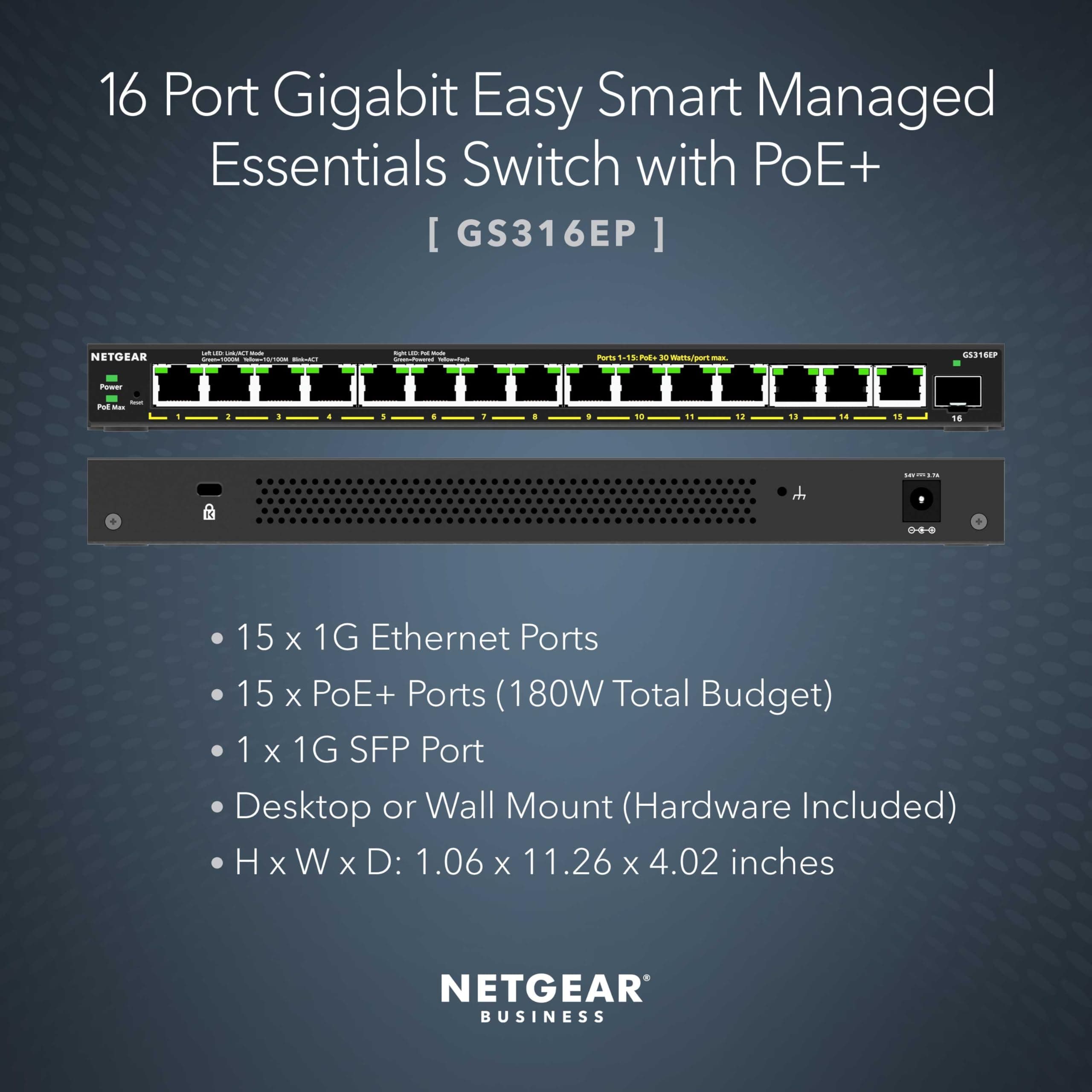 NETGEAR 16-Port PoE Gigabit Ethernet Easy Smart Managed Switch (GS316EP), view 2