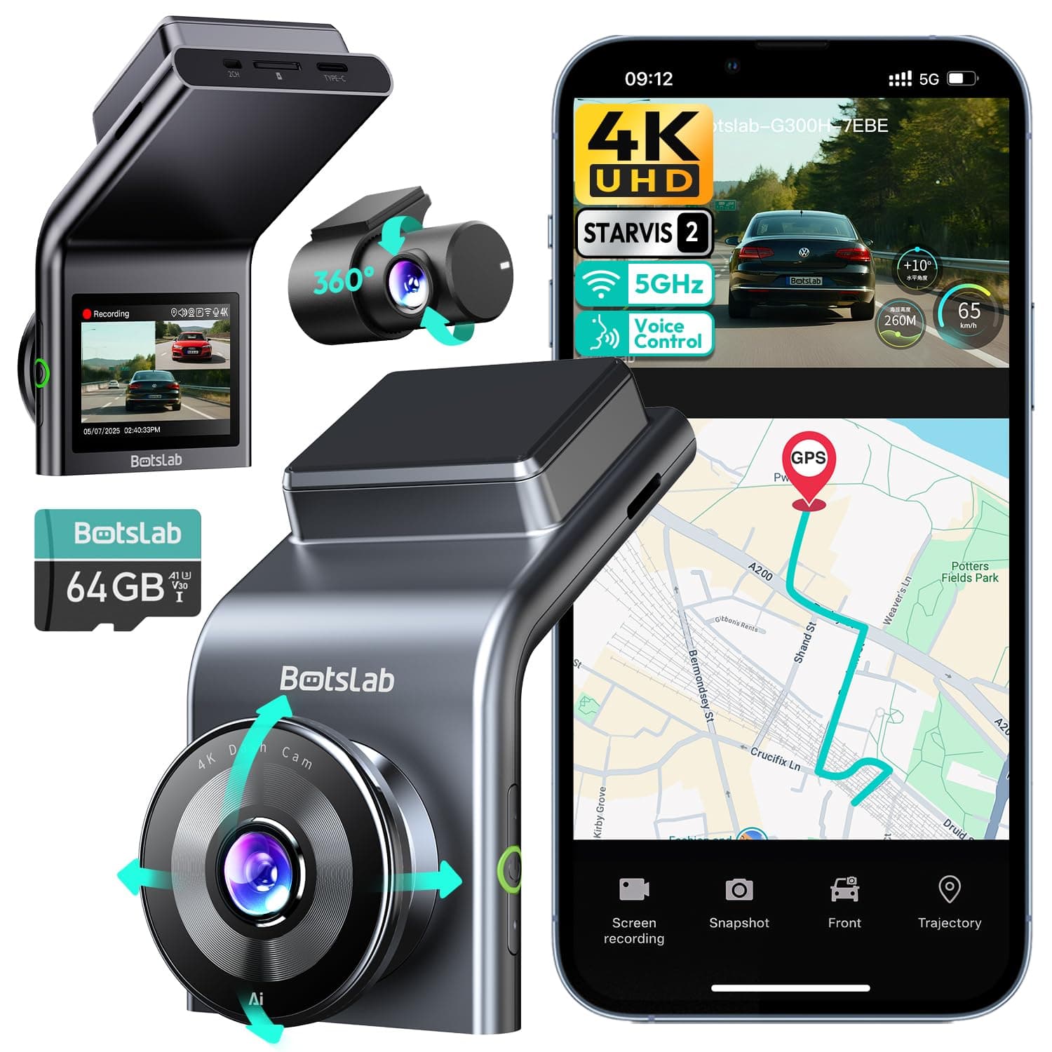 BOTSLAB【G300H Plus Upgraded】 4K Dash Cam Front and Rear, STARVIS 2 Sensor