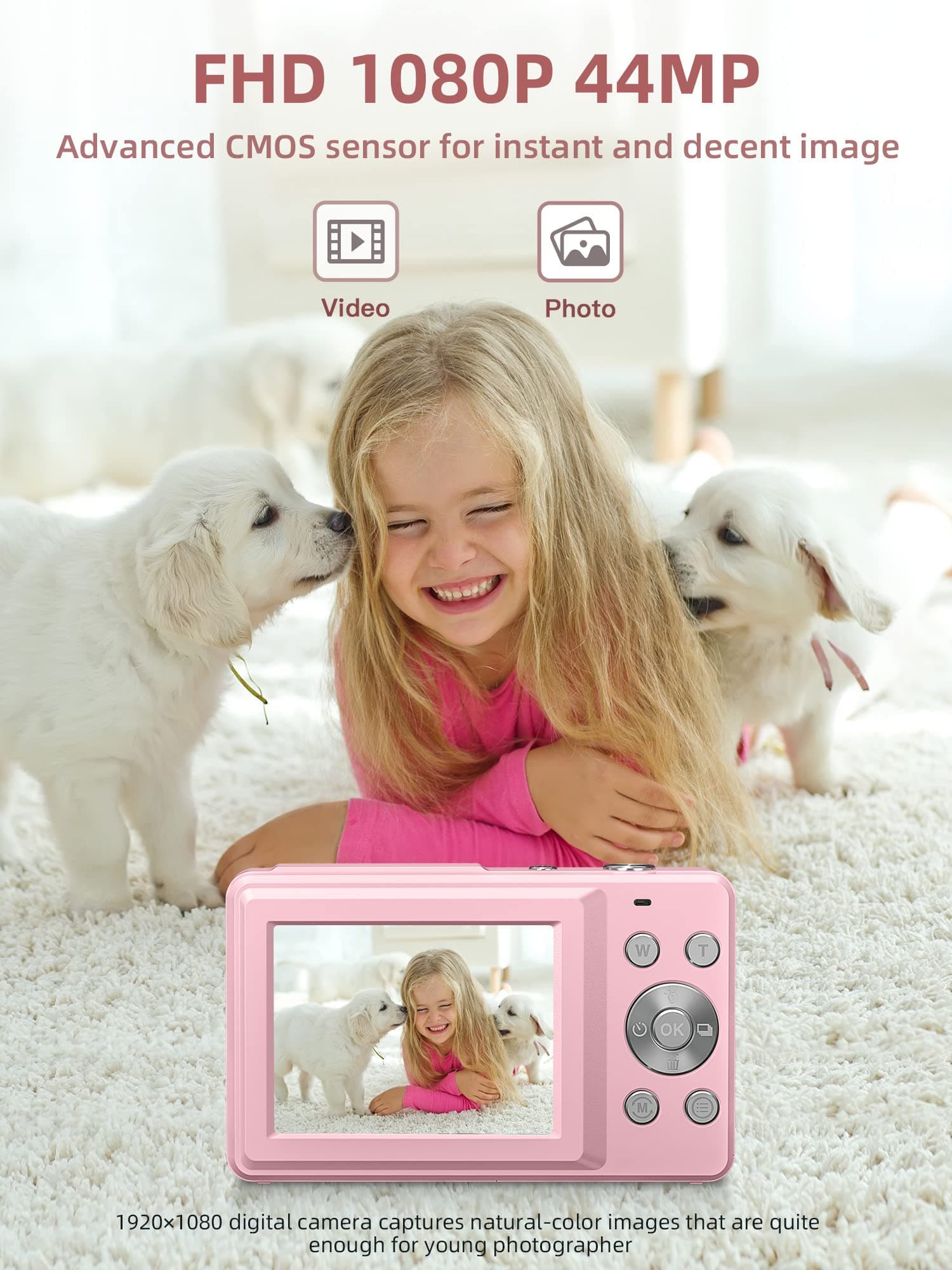Camkory Digital Camera FHD 1080P with 32G Card 16X Zoom Easy for Kids Pink, view 2