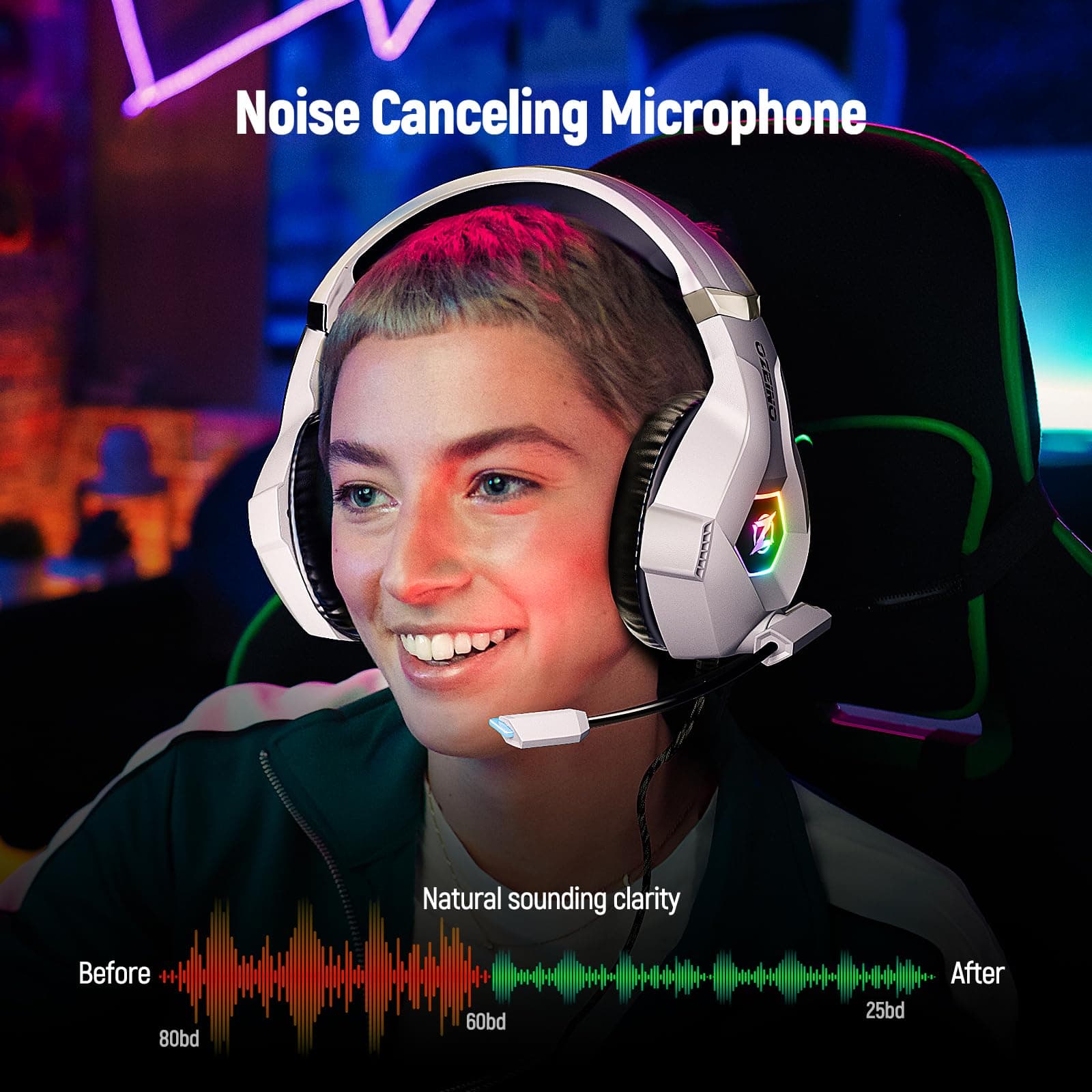Ozeino Gaming Headset for PC, Ps4, Ps5, Xbox Headset with 7.1 Surround Sound Gaming Headphones with Noise Canceling Mic, LED Light Over Ear Headphones for Switch, Xbox Series X/S, Laptop, Mobile White, view 2