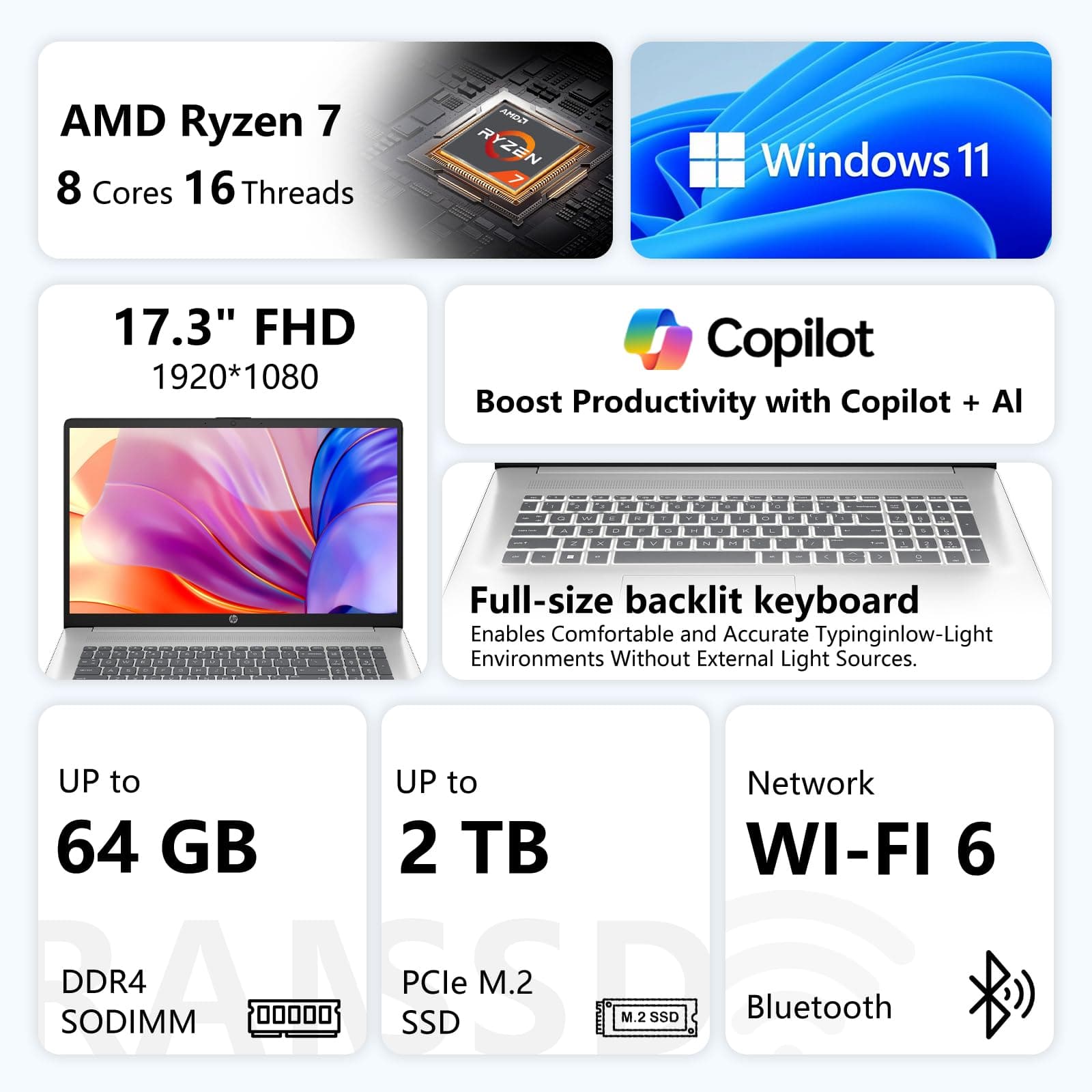 HP 17.3" FHD Copilot AI Laptop PC, AMD Ryzen 7 7730U, 16GB RAM 512GB SSD, view 2