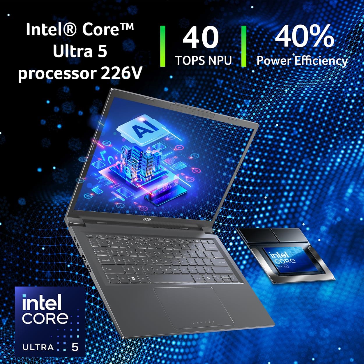 Acer Aspire 14 AI Copilot+ PC | 14" WUXGA Display | Intel Core Ultra 5 Processor 226V | NPU: Up to 40 Tops - GPU: Up to 53 Tops | Intel ARC 130V | 16GB LPDDR5X | 512GB SSD | Wi-Fi 6E | A14-52M-51S1, view 4