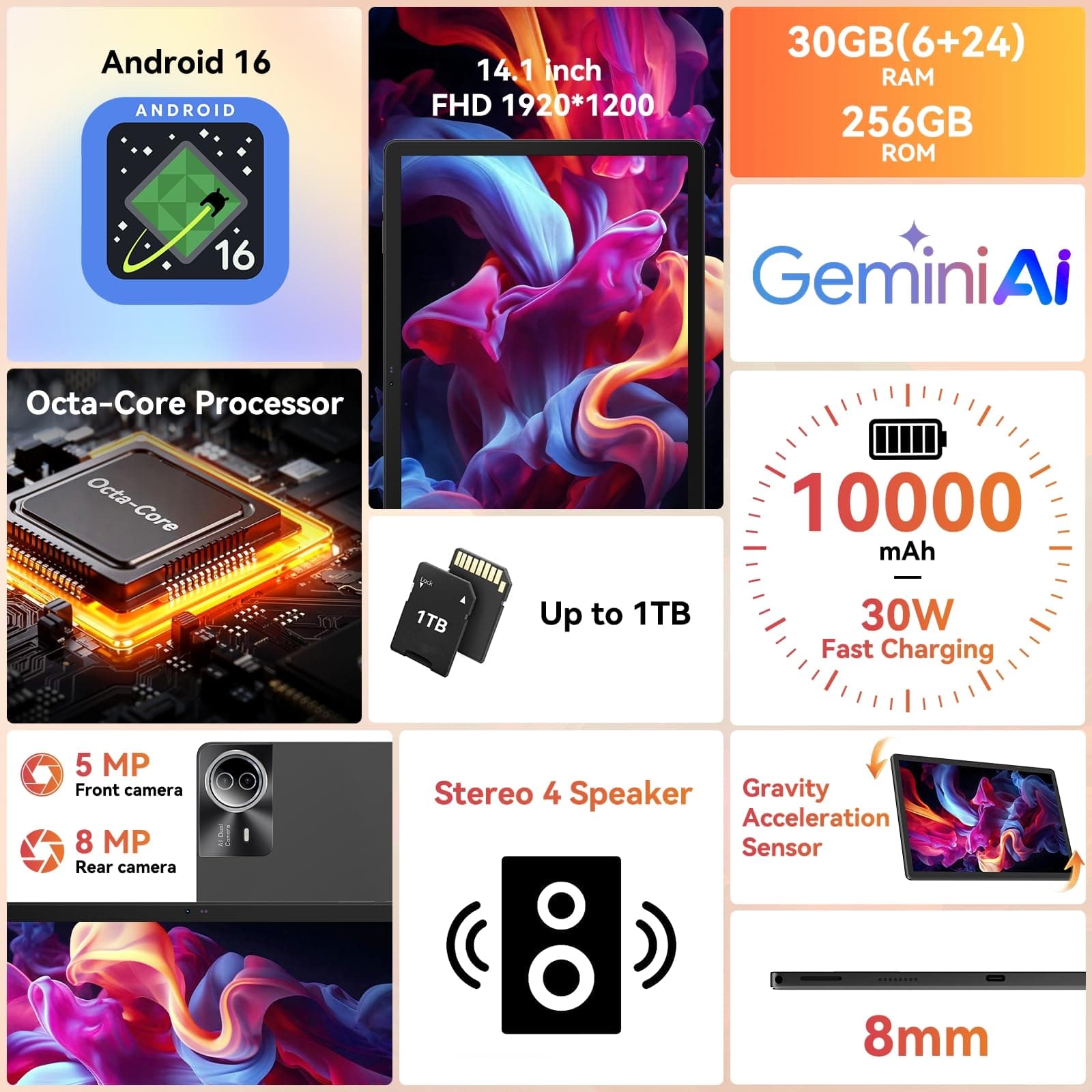URAO Tablet|14 inch Android 16 Tablet|30GB RAM 256GB ROM |1920 * 1200 IPS FHD|10000mAh 30W Fast Charging|Octa-core Processor|Wi-Fi 6, BT 5.4|Dual Camera with Gemini AI|Keyboard|Stylus|Case|Headphone, view 2