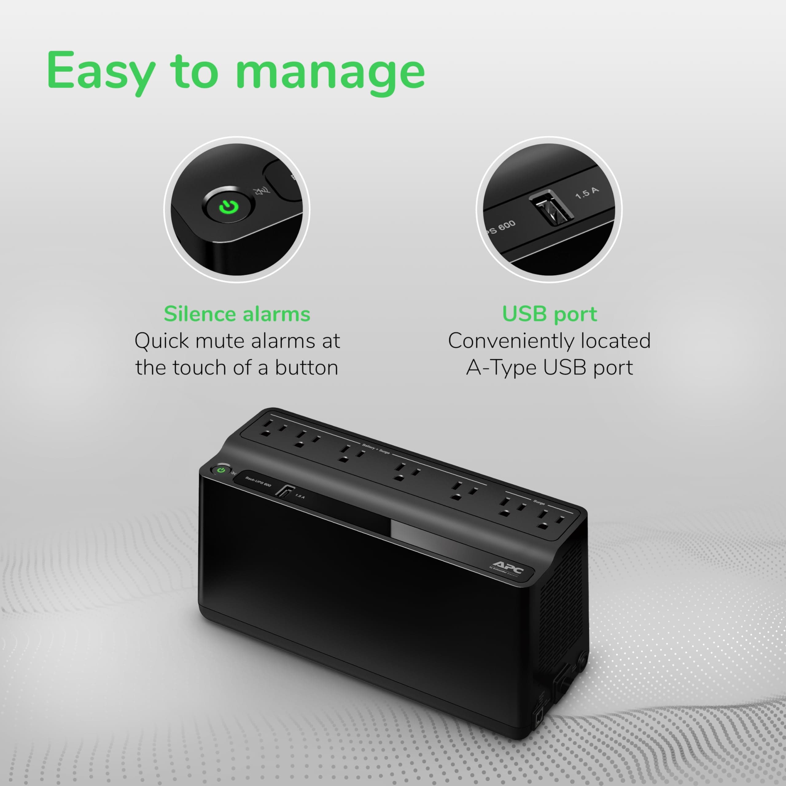 APC UPS 600VA/330W Battery Backup for Computer, Router, NAS, BE600M1, view 3