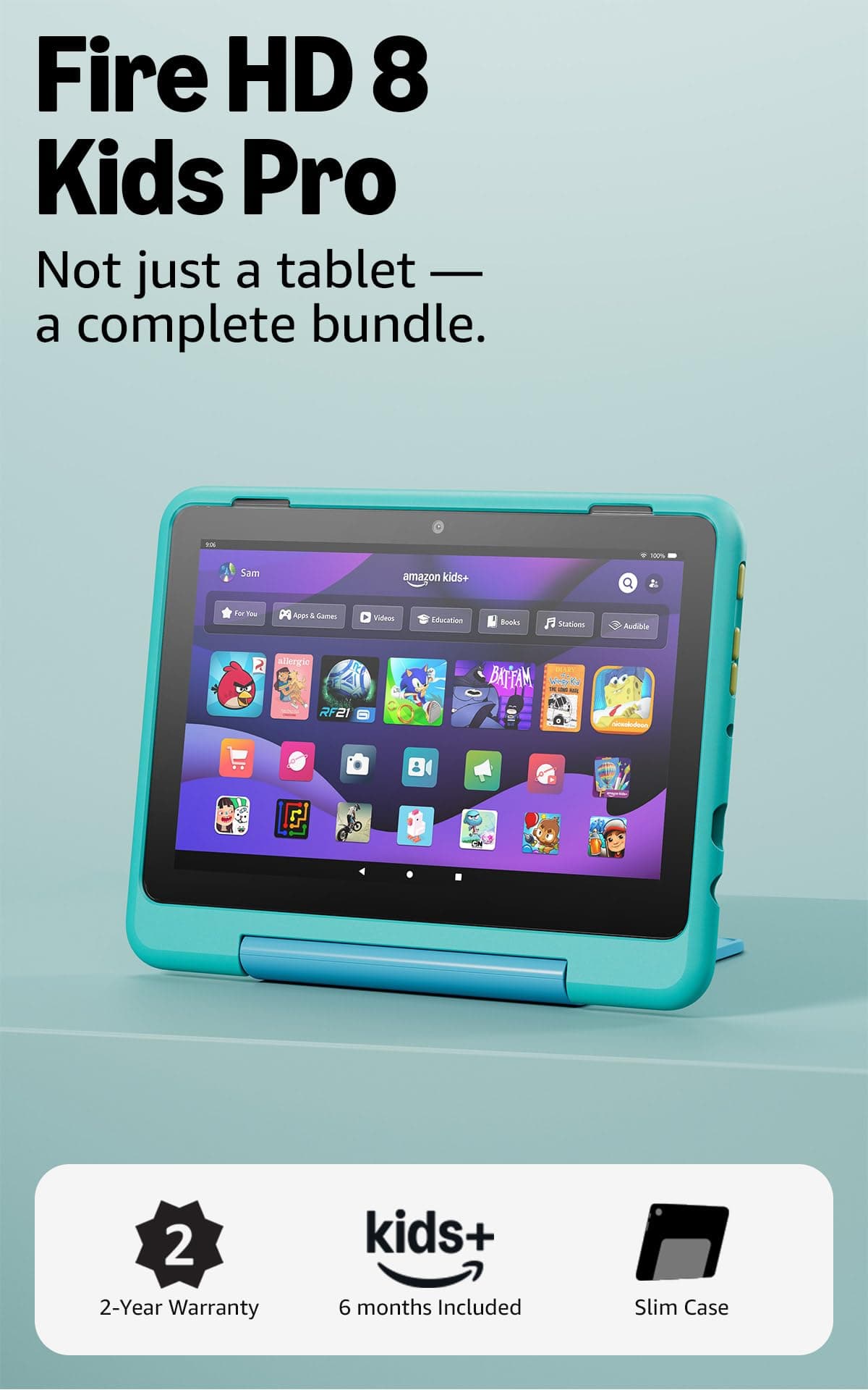 Amazon Fire HD 8 Kids Pro tablet, ages 6-12. Bright 8" HD screen, includes ad-free content, parental controls, 13-hr battery, slim case for older kids, 64GB, Hello Teal, (2024 release), view 2