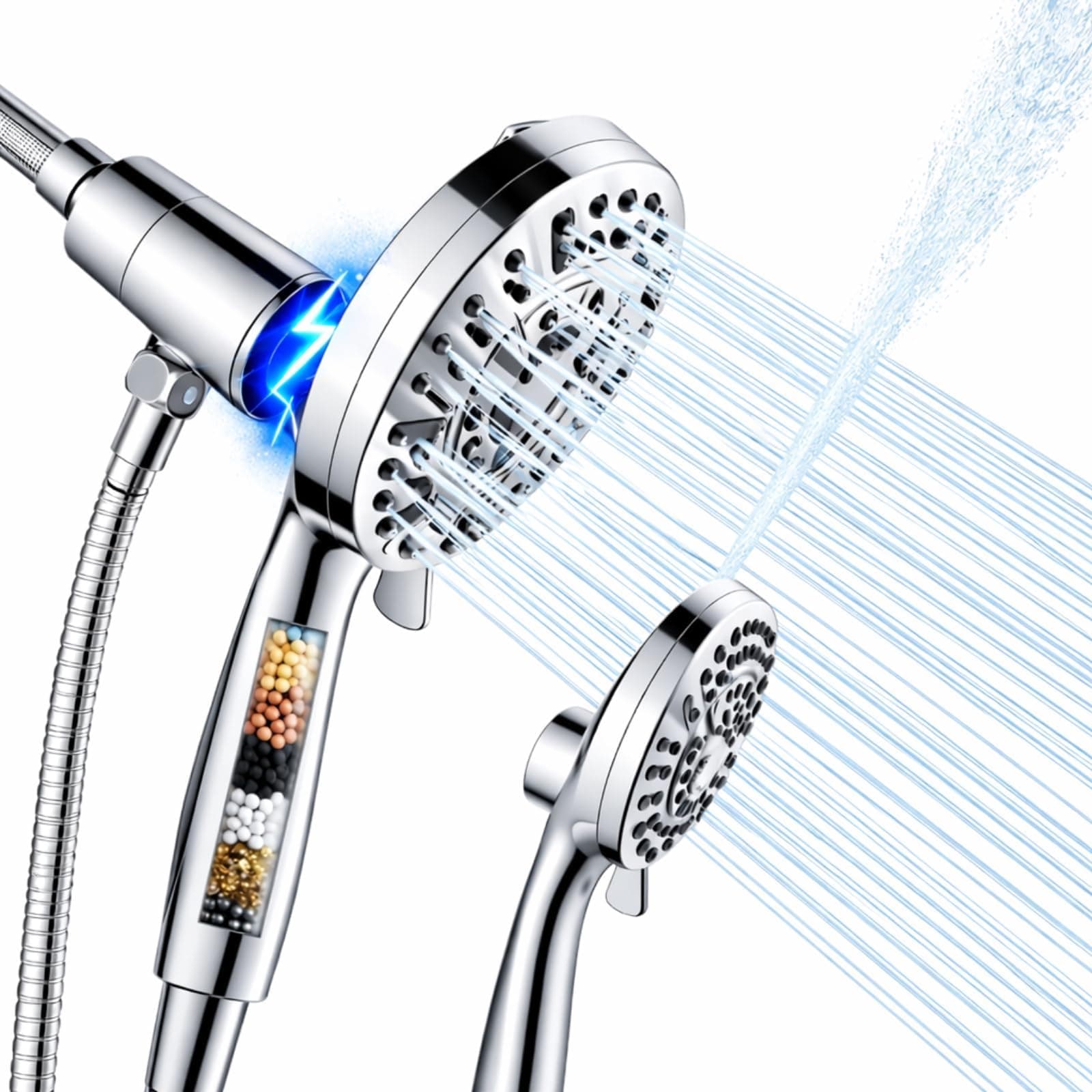Magnetic Handheld Shower Head with Filter, High Pressure 10-Spray-Mode Detachable Shower Head with 60-Inch Hose, Powerful Hand Held Shower Head for Low Water Pressure(head,silver)