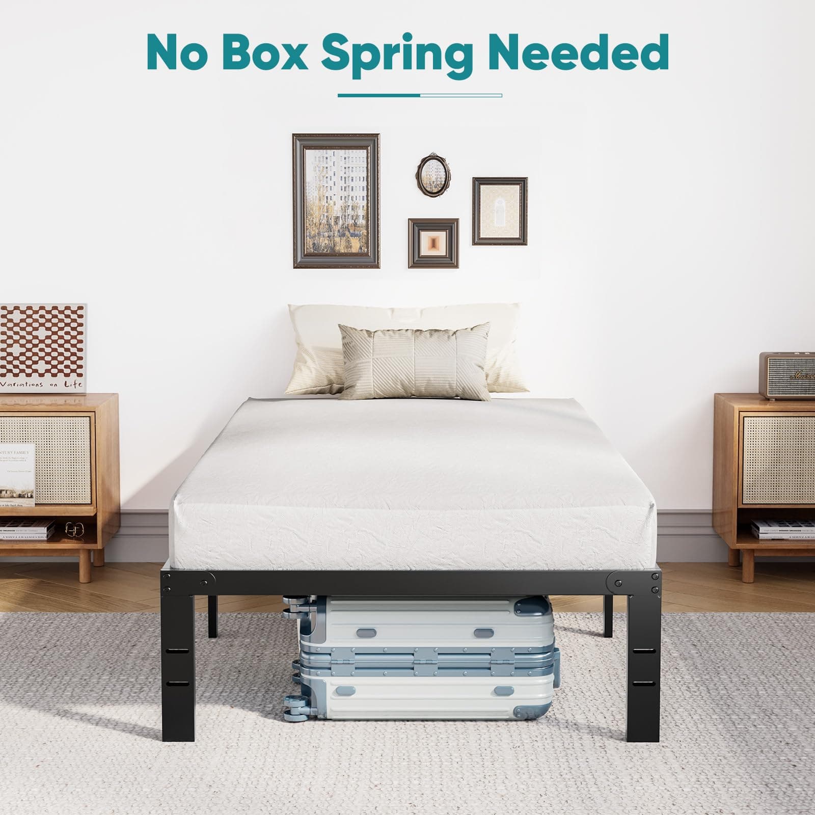 OLIXIS Twin Metal Platform Bed Frame - 14in High Heavy Duty Mattress Foundation with Storage Space, No Box Spring Needed, Sturdy Steel Slat Support, Easy Assembly, Black, view 5