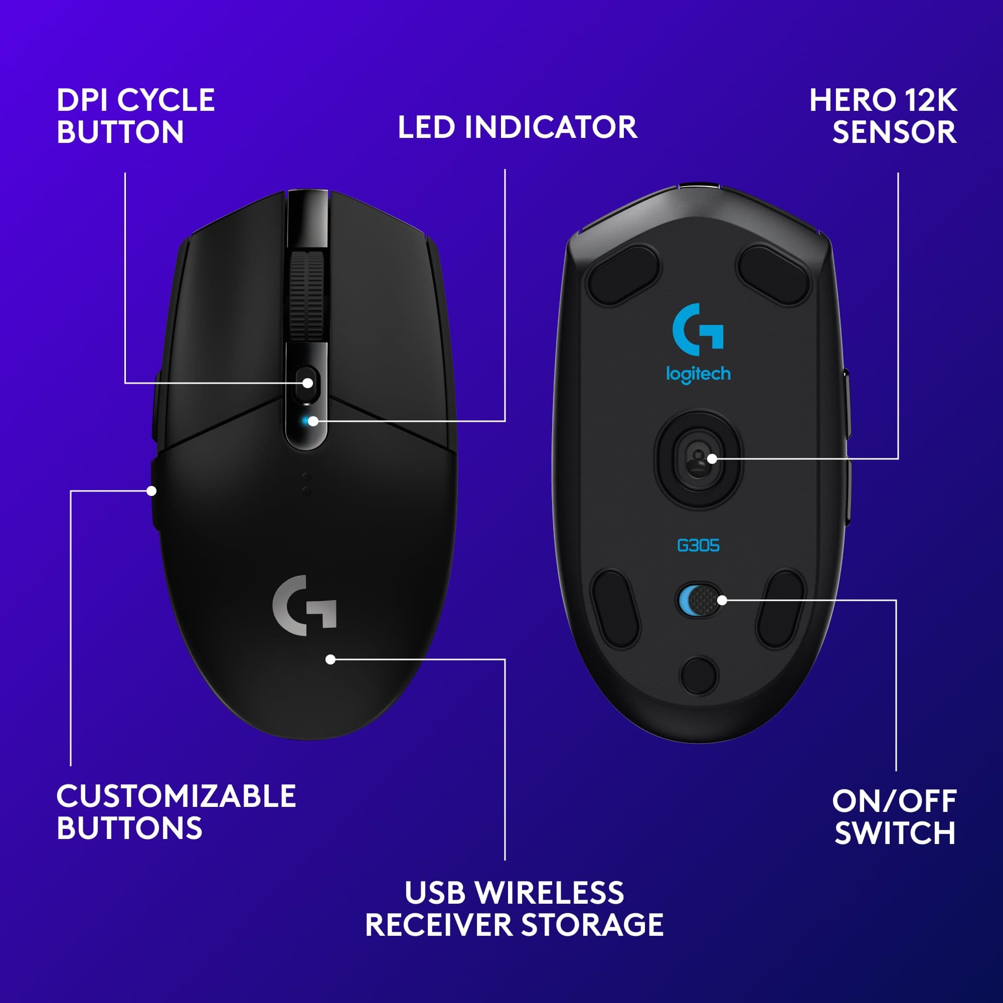 Logitech G305 Lightspeed Wireless Gaming Mouse - Black, view 6