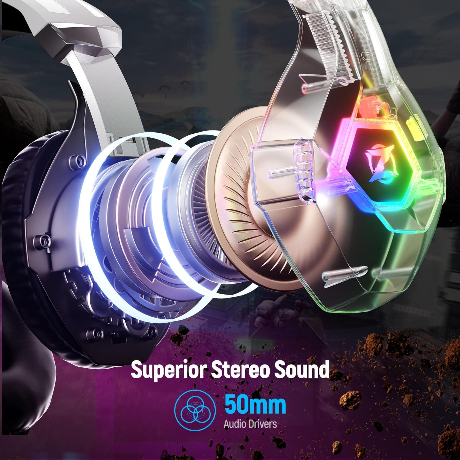 Ozeino Gaming Headset for PC, Ps4, Ps5, Xbox Headset with 7.1 Surround Sound Gaming Headphones with Noise Canceling Mic, LED Light Over Ear Headphones for Switch, Xbox Series X/S, Laptop, Mobile White, view 3